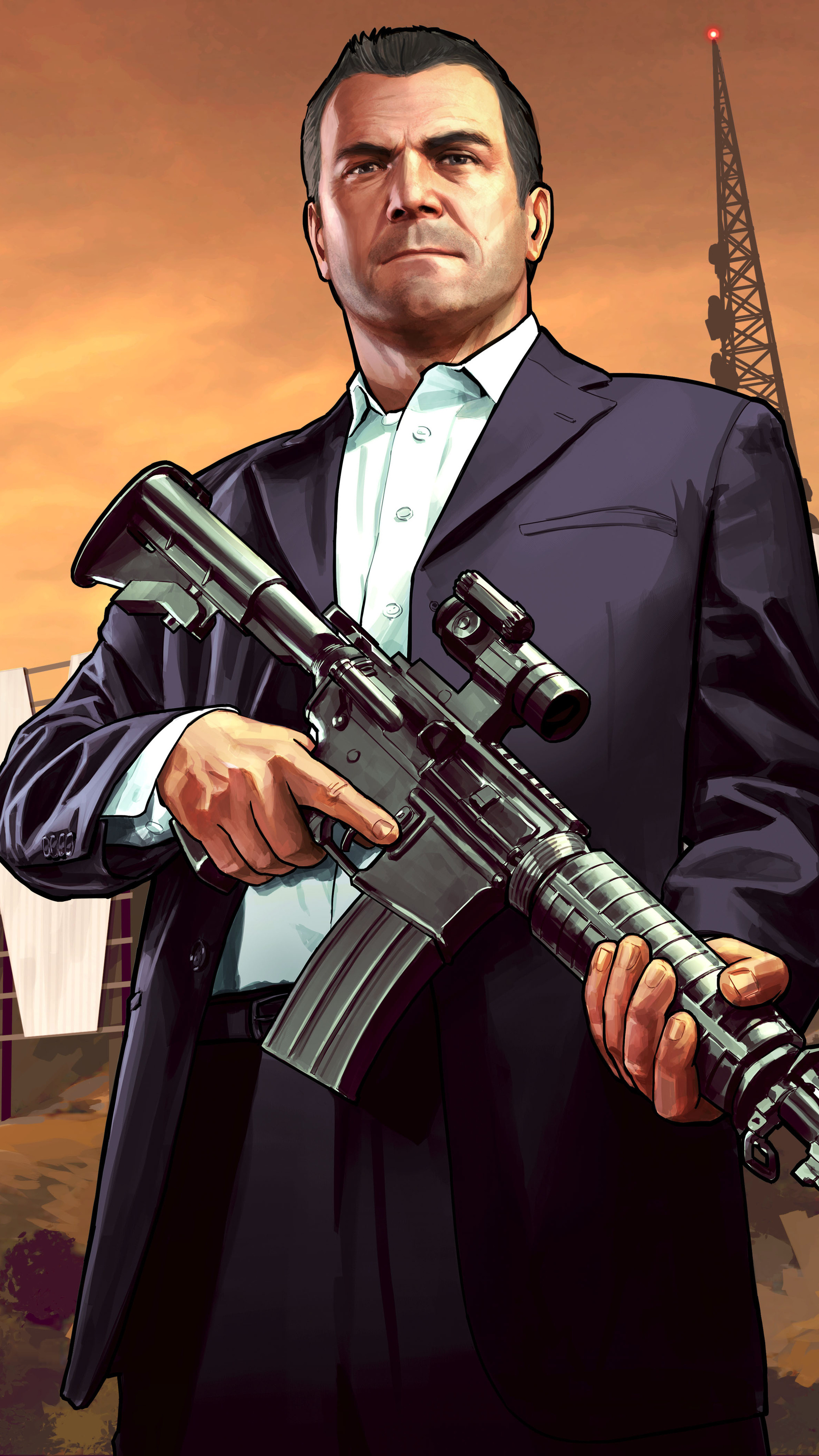 Michael De Santa in navy suit, Carbine rifle with scope, Orange sunset sky, Grand Theft Auto V artwork, 4K Phone wallpaper