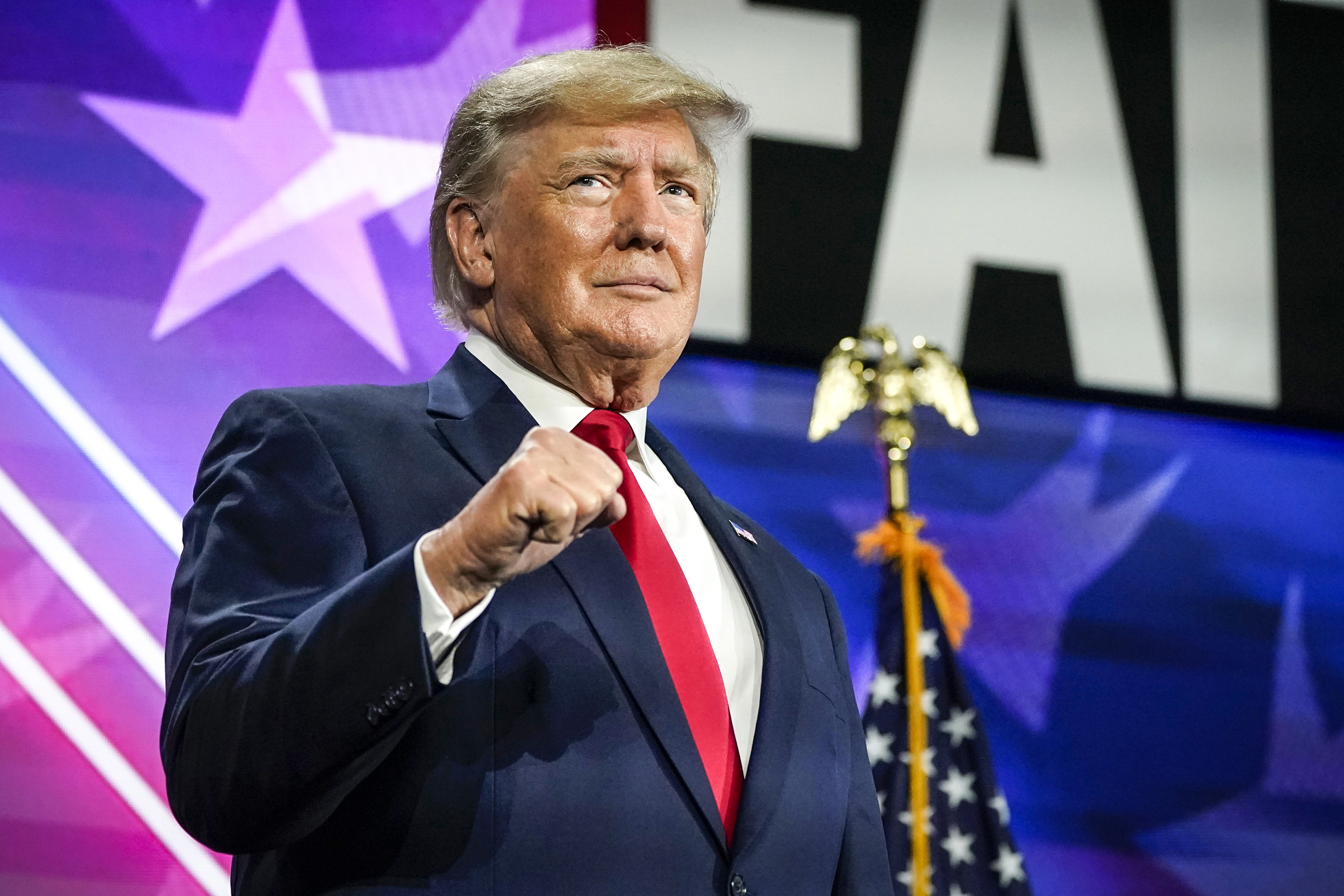 Donald Trump, US flag eagle finial, Patriotic stage backdrop, HD Desktop wallpaper