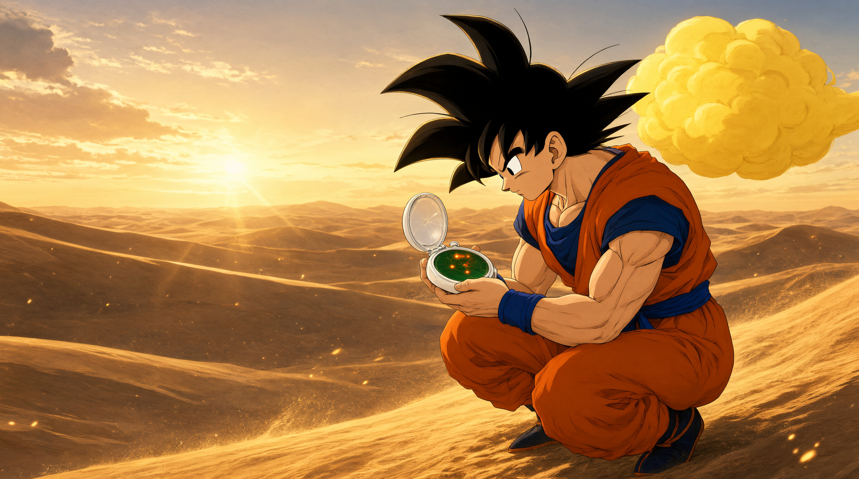 Goku, Dragon Radar, Flying Nimbus, Desert dunes, Golden hour, Dragon Ball, HD Desktop wallpaper