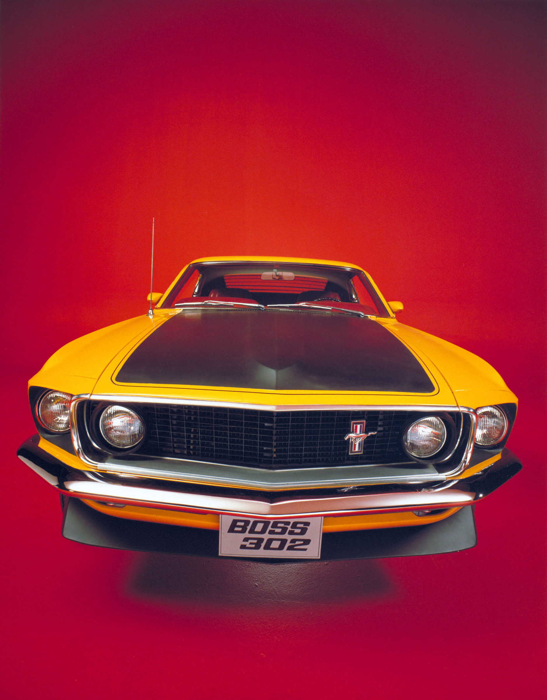1969 Ford Mustang Boss 302, Matte black hood decal, Red studio backdrop, HD Phone wallpaper