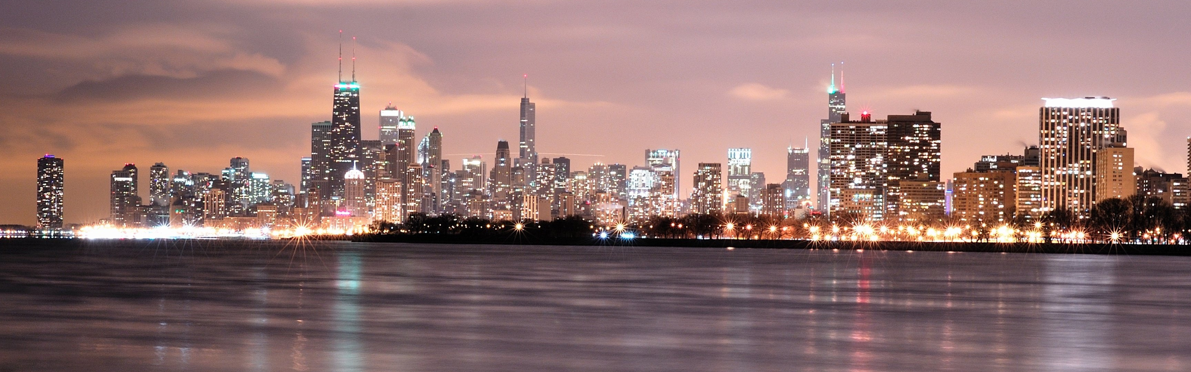 Chicago, Night Skylines Wallpaper, 3840x1200 Dual Screen Desktop