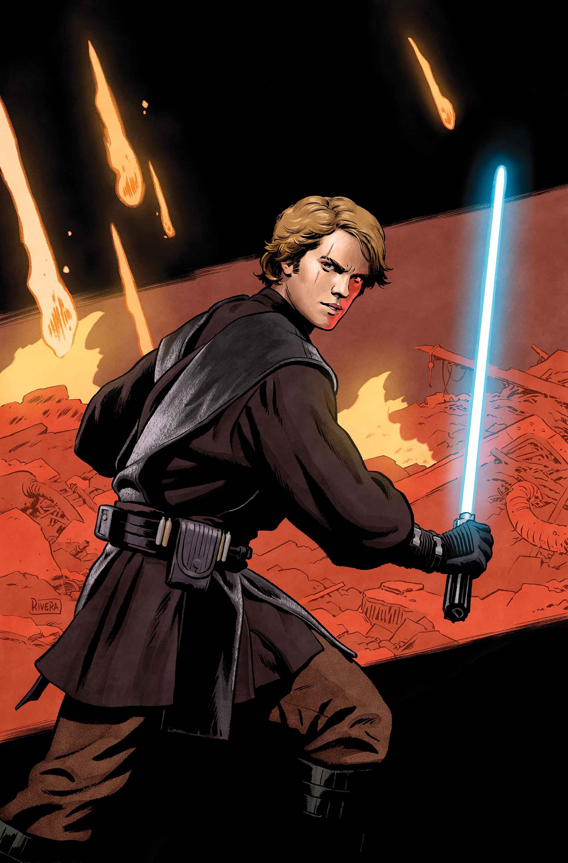 Anakin Skywalker, Blue lightsaber, Burning battlefield ruins, HD Phone wallpaper