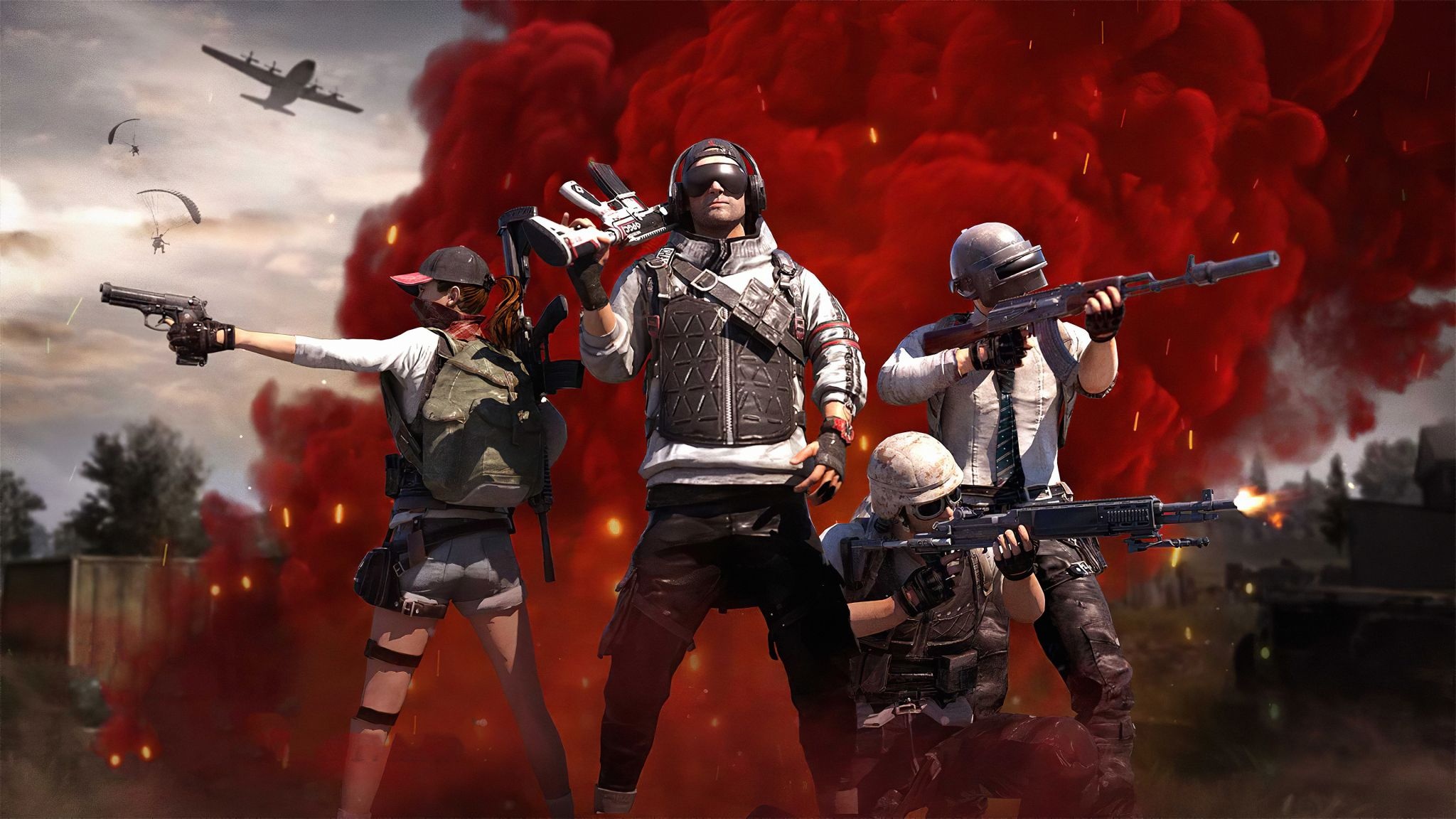 PUBG Mobile squad, PUBG Level 3 helmet, red airdrop smoke plume, airdrop cargo plane, HD Desktop wallpaper