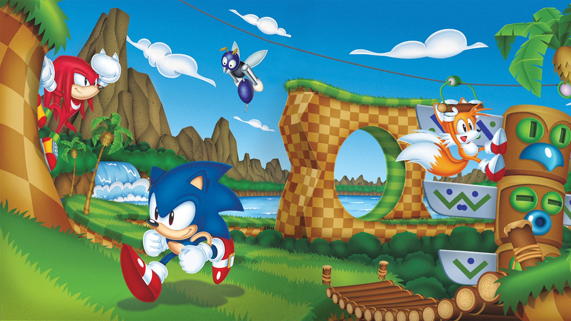 Sonic the Hedgehog running, Knuckles the Echidna peeking, Miles Tails Prower flying, Buzz Bomber badnik, Green Hill Zone loop, Full HD Desktop wallpaper