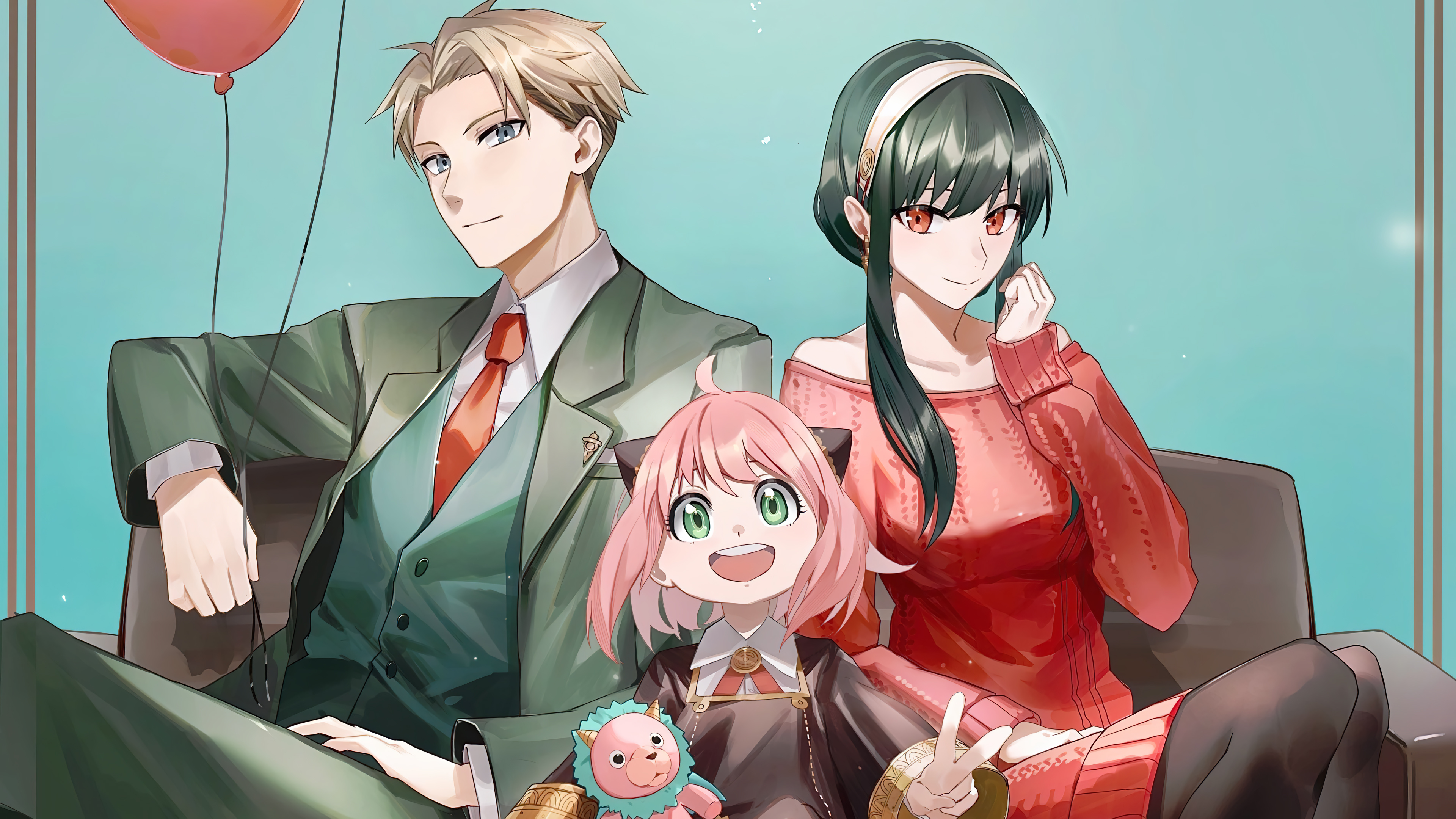 Yor Forger, Anya Forger, Spy x Family, Family portrait on a couch, Red balloon, 4K Desktop wallpaper