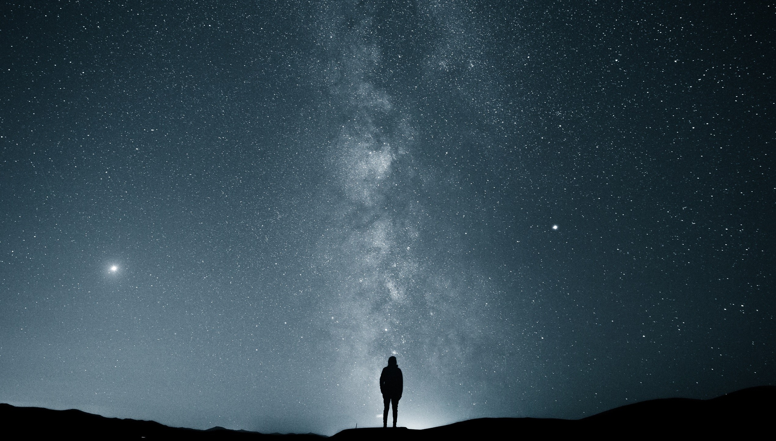 Milky Way galaxy, lone person silhouette, dark ridge horizon, HD Desktop wallpaper