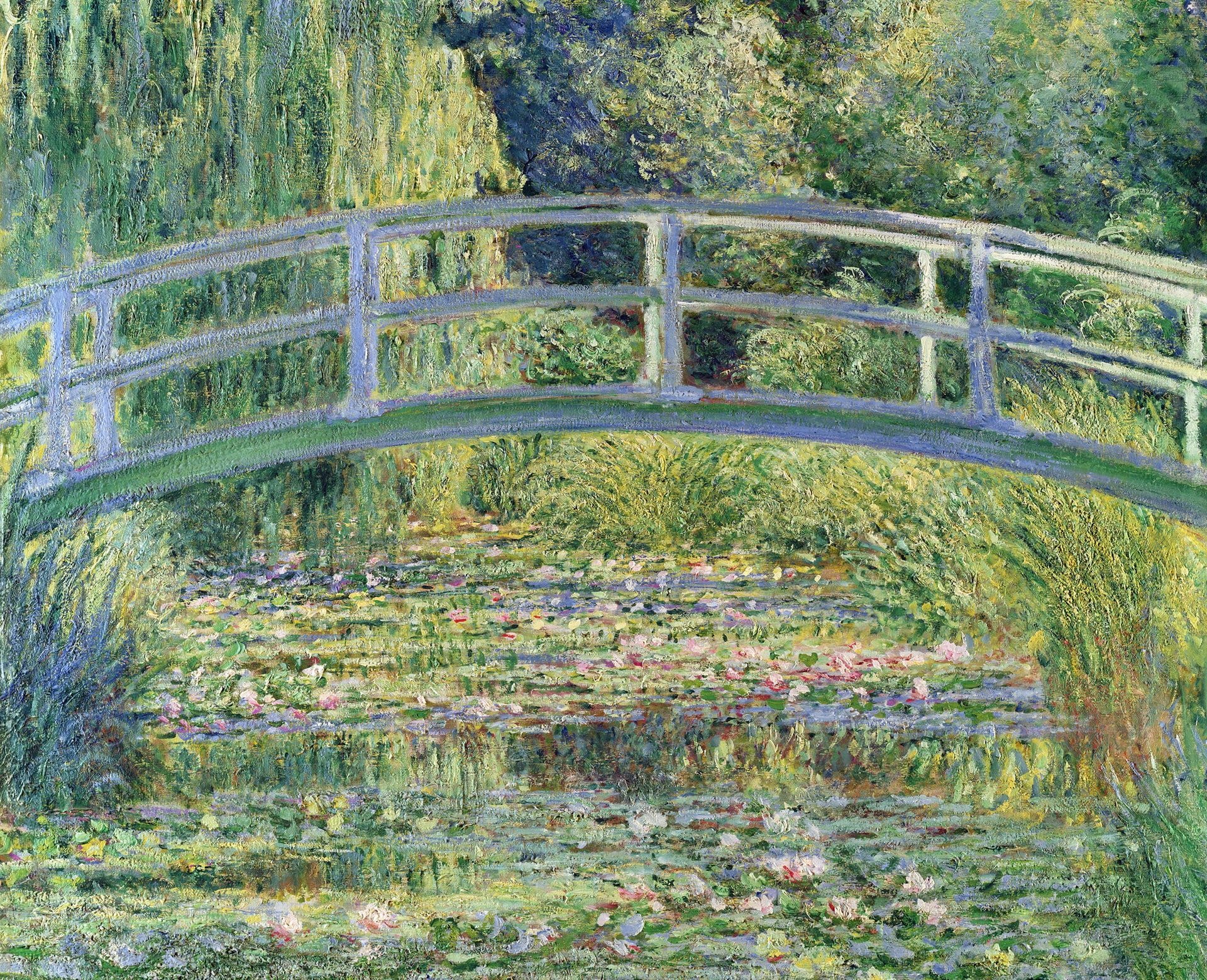 The Water Lily Pond, arched Japanese footbridge, flowering water lilies, HD Desktop wallpaper