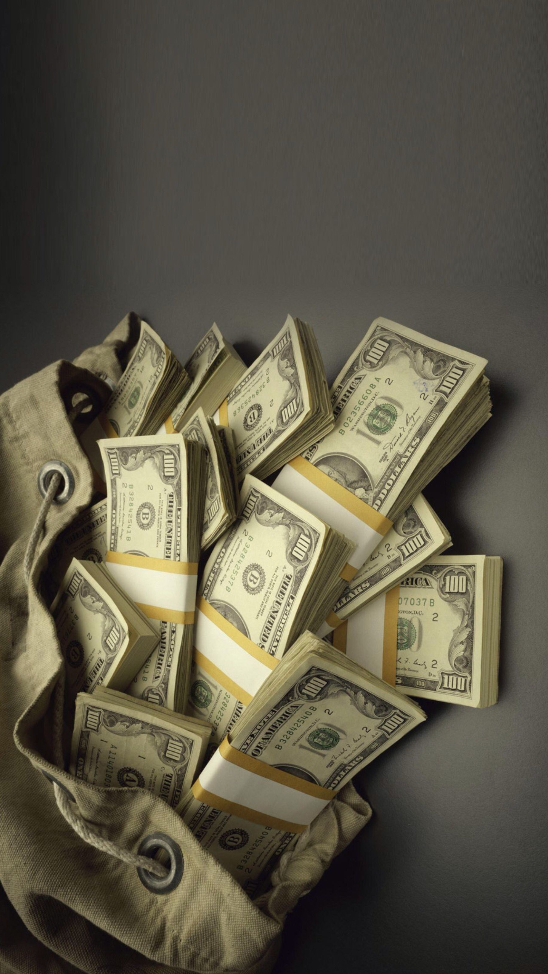US dollar banknote stacks, Canvas drawstring money bag, Minimalist grey background, HD Phone wallpaper