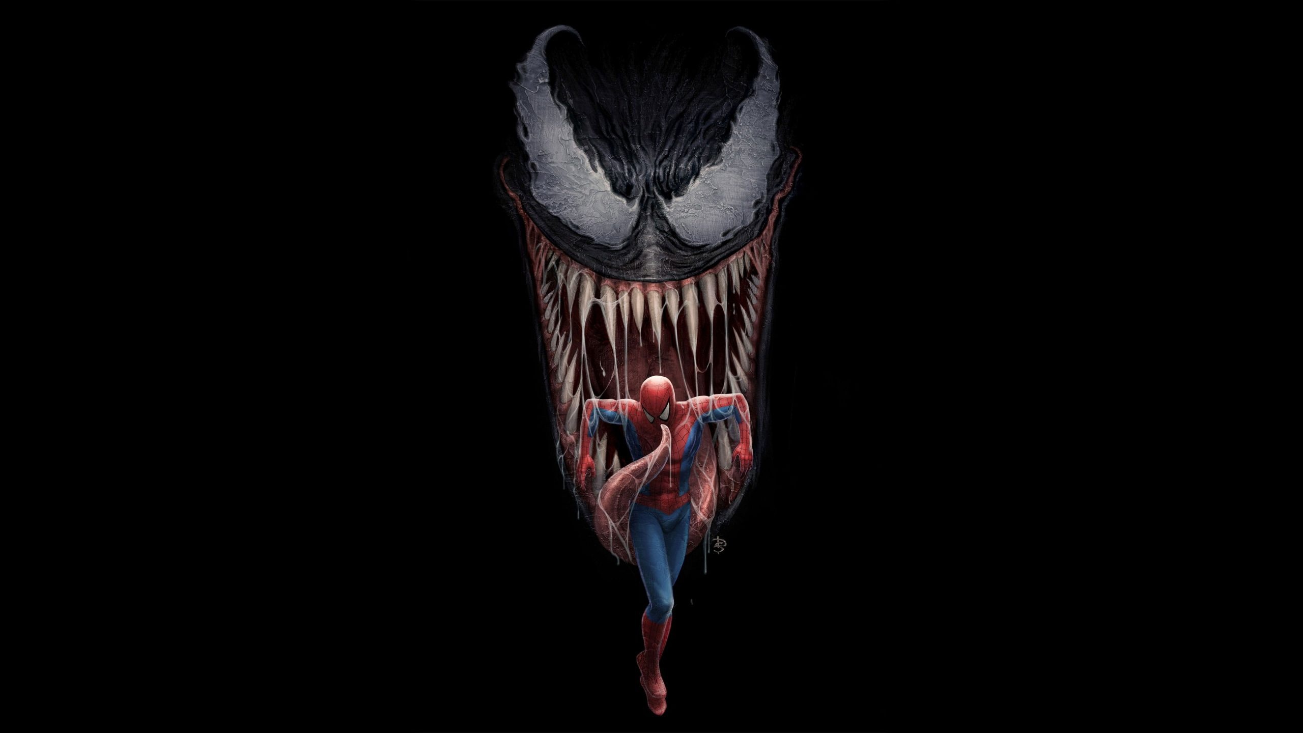 Spider-Man running, Venom fanged mouth, Solid black background, HD Desktop wallpaper