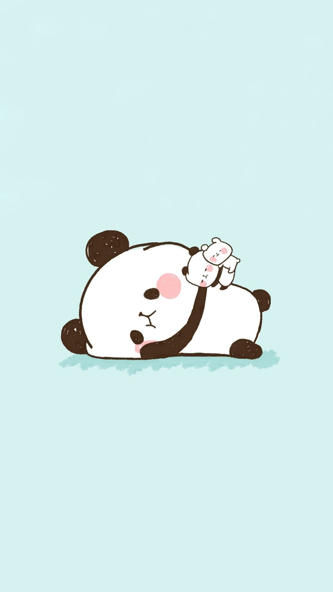 Sleeping cartoon panda, Tiny piggyback cubs, Light blue background, HD Phone wallpaper