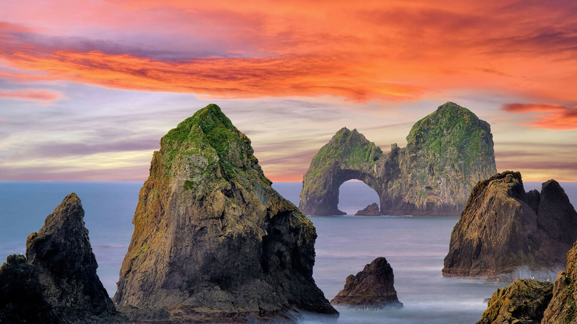 Island rocks, Sunset scenery, Tranquil beauty, 4K wallpaper, 1920x1080 Full HD Desktop