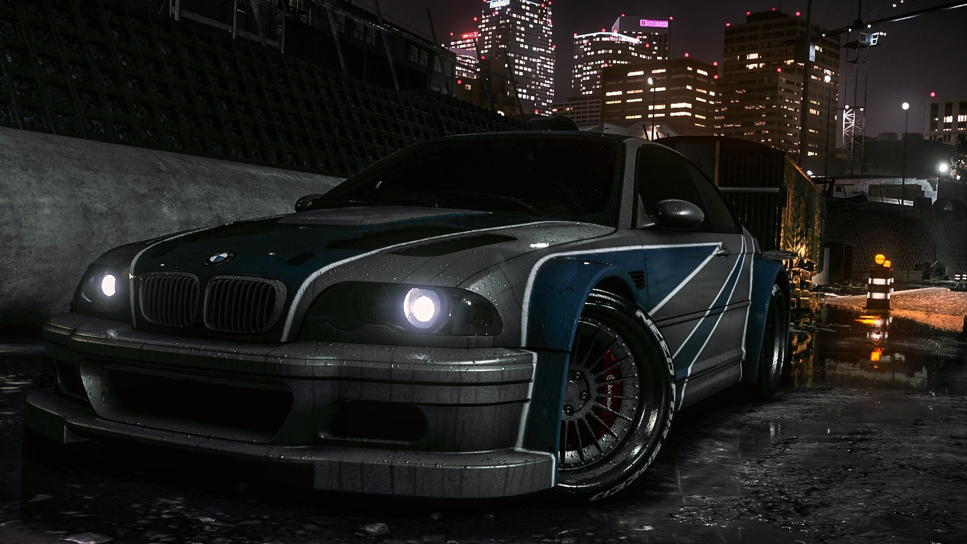 BMW M3 GTR E46, Need for Speed: Most Wanted, night illuminated cityscape, Full HD Desktop wallpaper