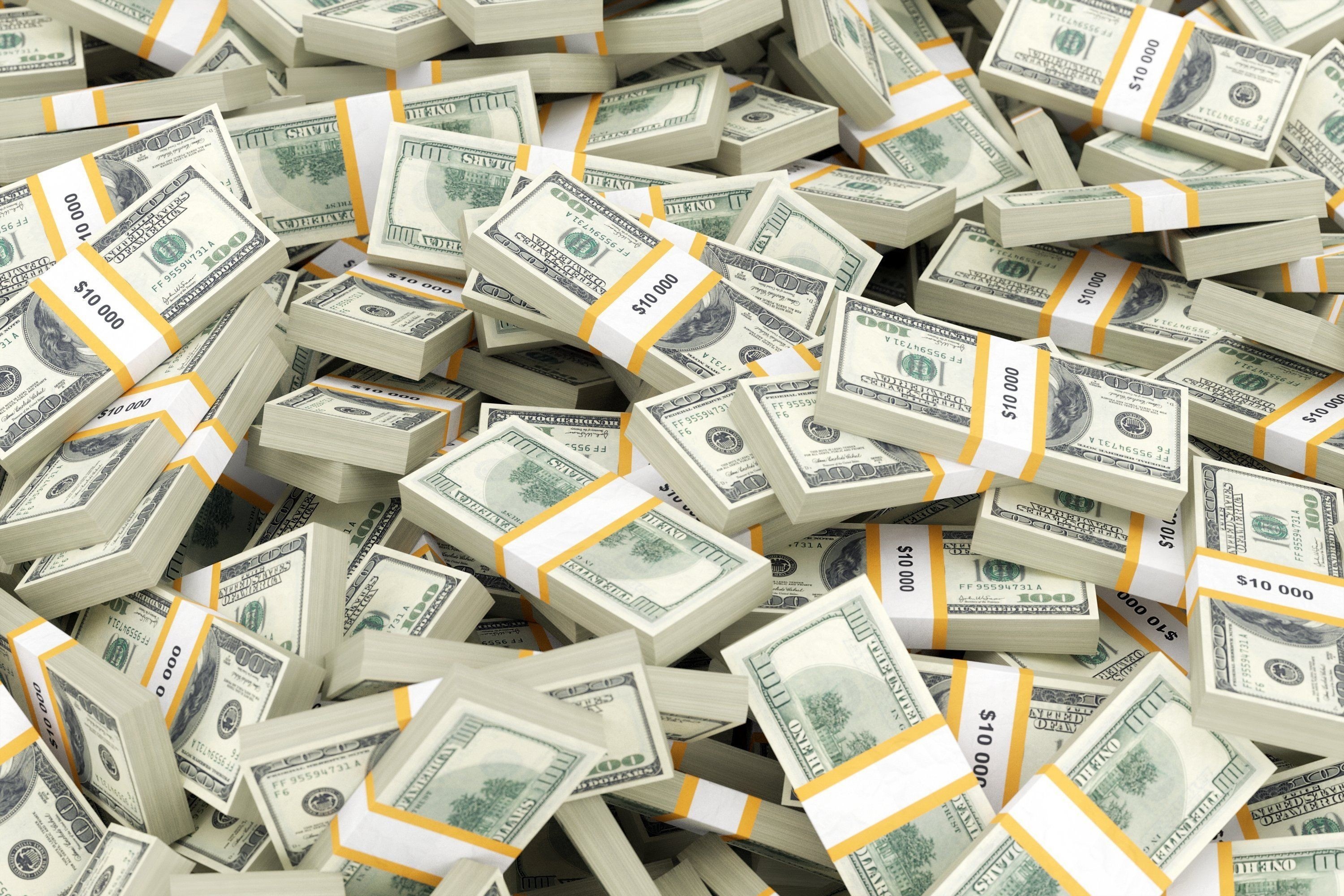 US hundred-dollar bill stacks, Bank-banded cash bundles, Scattered currency pile, HD Desktop wallpaper