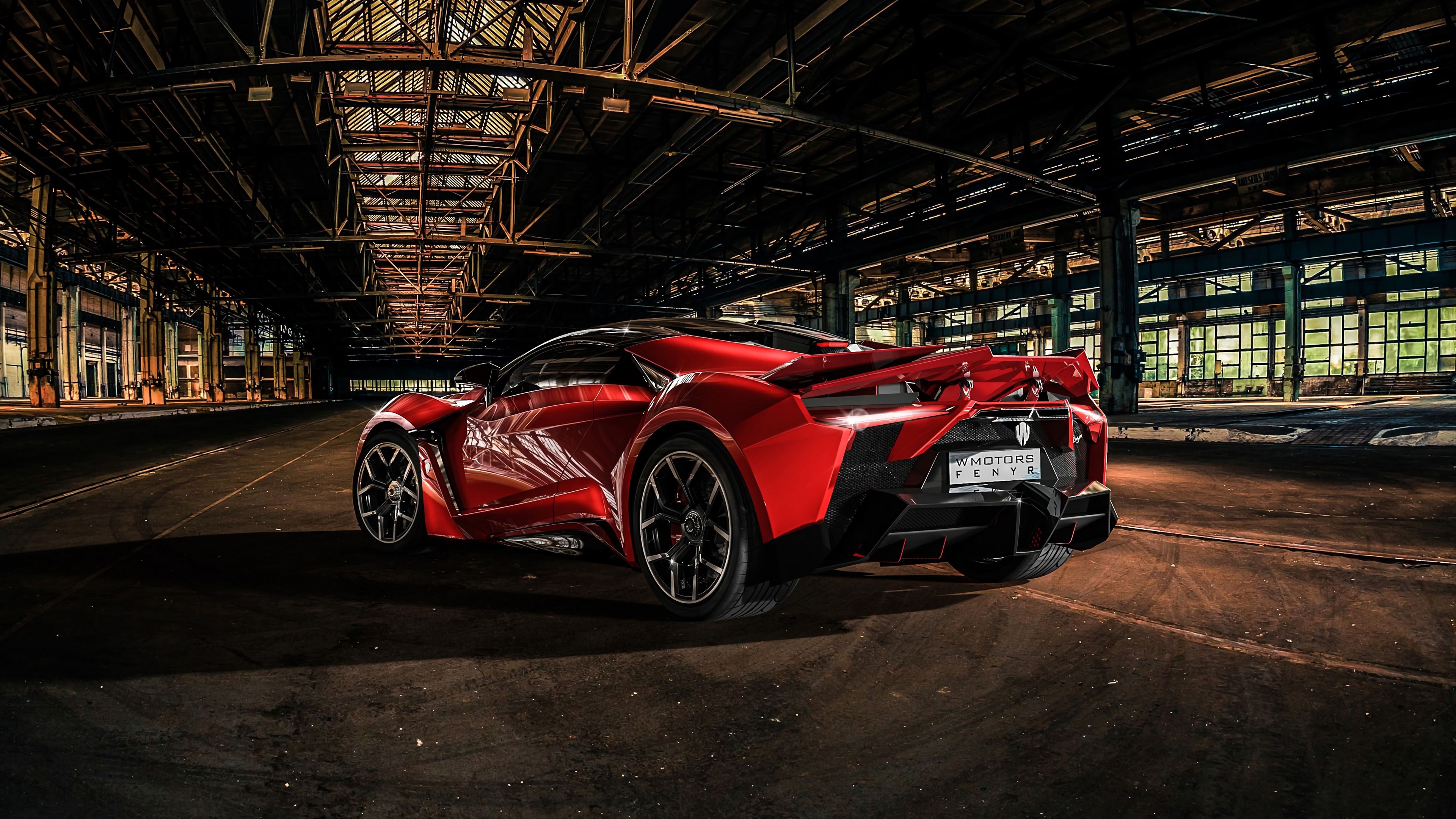 W Motors Fenyr SuperSport, abandoned industrial warehouse, red supercar, 4K Desktop wallpaper