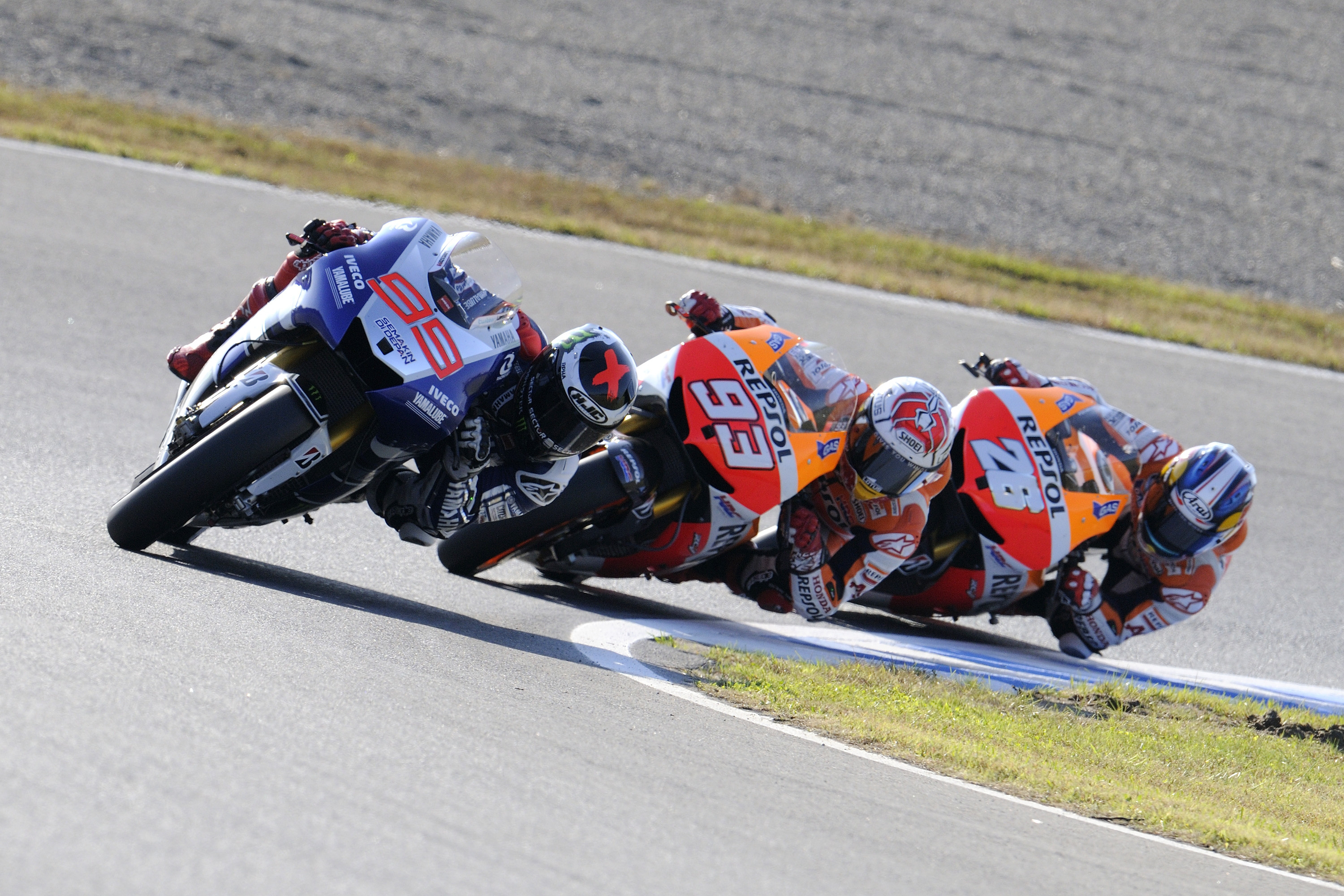 Jorge Lorenzo number 99, Marc Marquez number 93, Dani Pedrosa number 26, Repsol Honda RC213V pair, MotoGP three-bike train, HD Desktop wallpaper