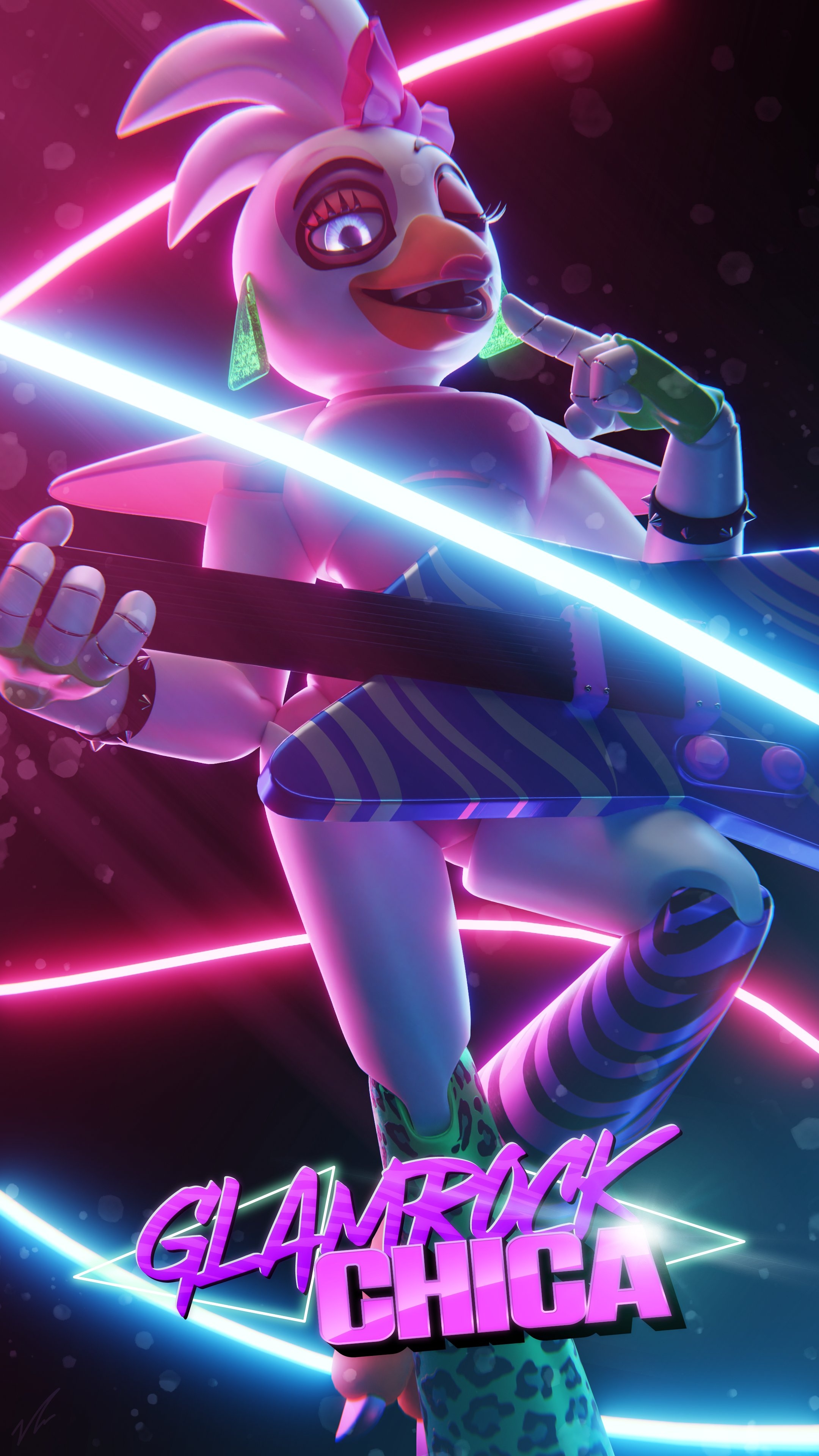 Glamrock Chica, Striped electric guitar, Neon laser light beams, 4K Phone wallpaper
