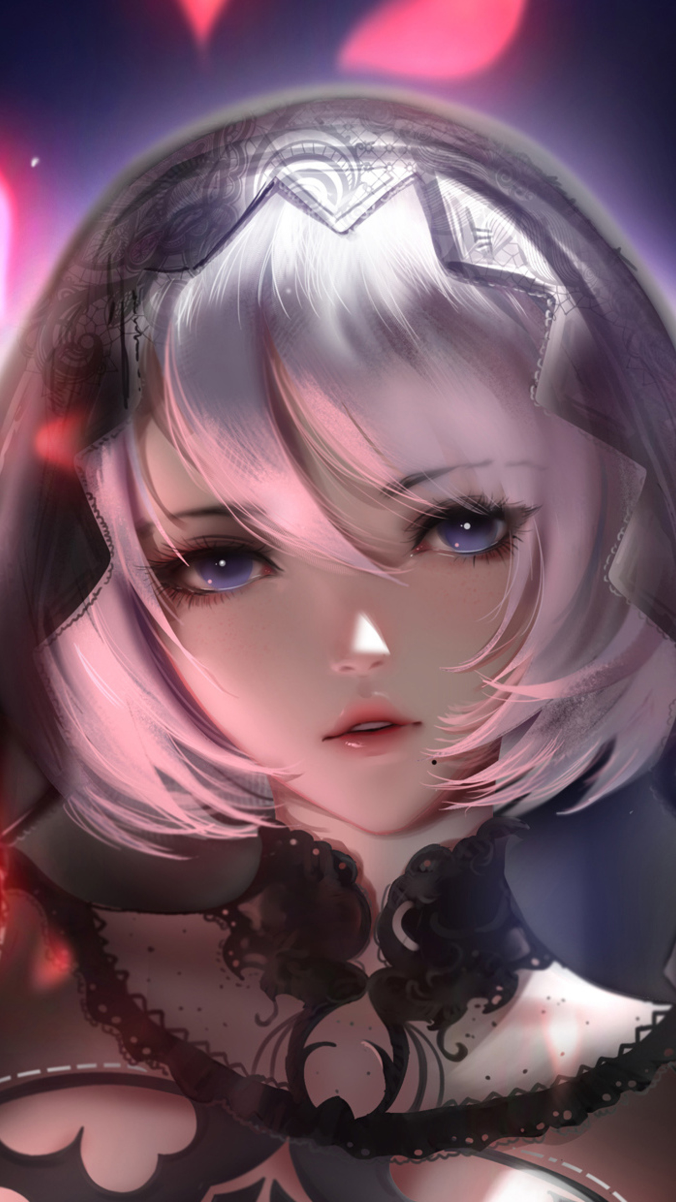 2B, NieR:Automata, Embroidered lace veil, 4K Phone wallpaper