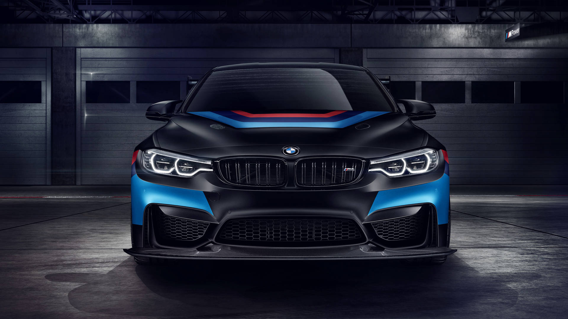BMW M4 GT4, Carbon fiber front splitter, Pit lane garage, Full HD Desktop wallpaper