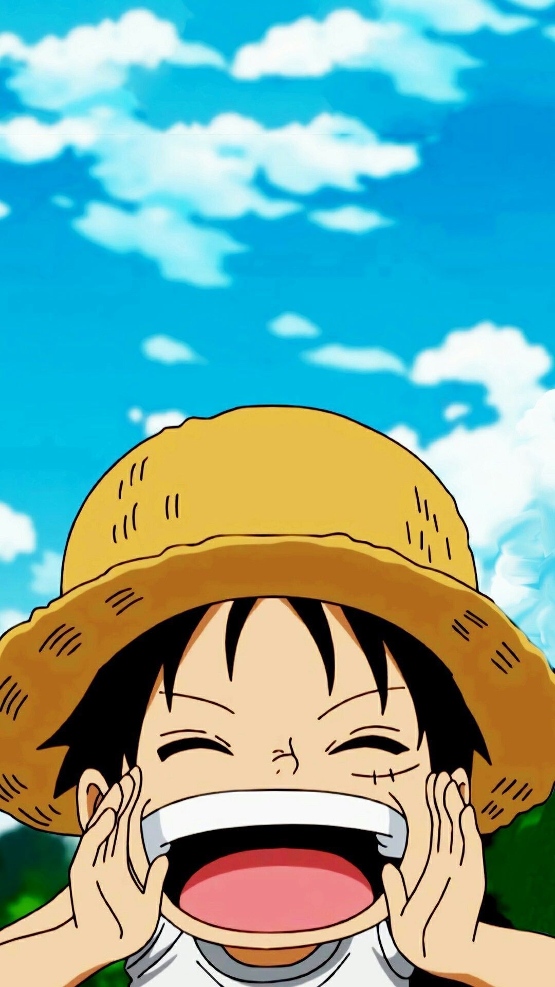 Young Monkey D. Luffy, Straw Hat, Blue sky with clouds, Full HD Phone wallpaper