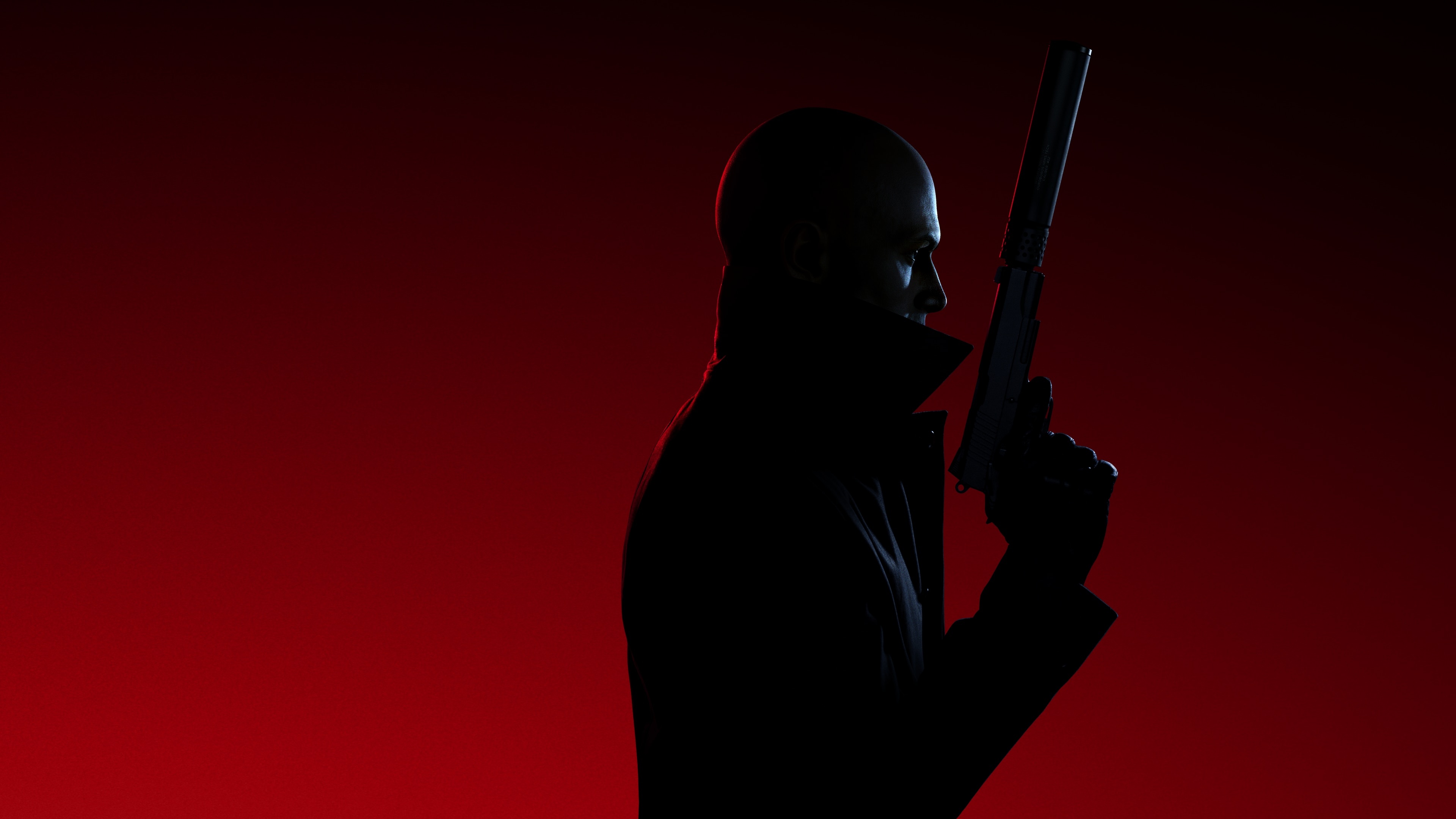 Agent 47 silhouette, Suppressed pistol, Crimson red background, 4K Desktop wallpaper