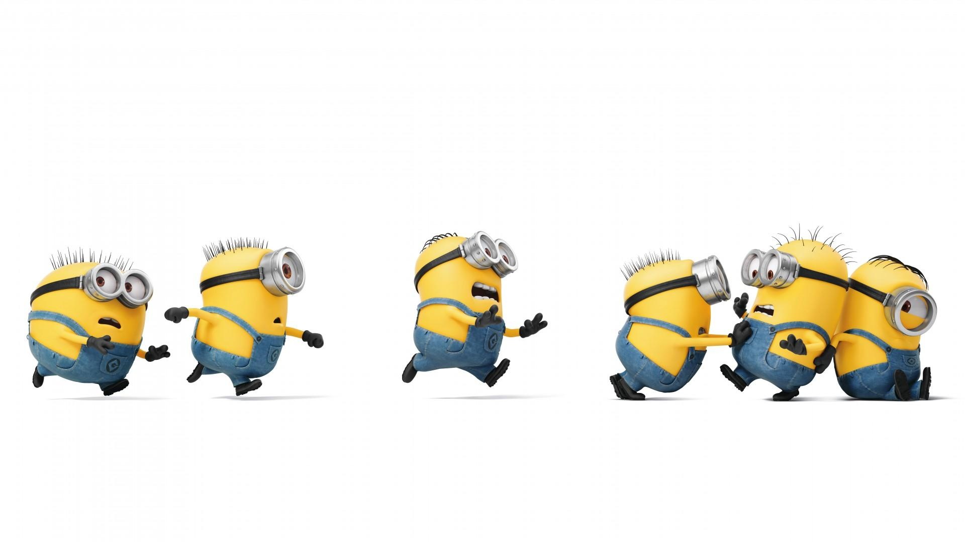 Despicable Me Minions, Running Minions group, Blue denim overalls, Full HD Desktop wallpaper