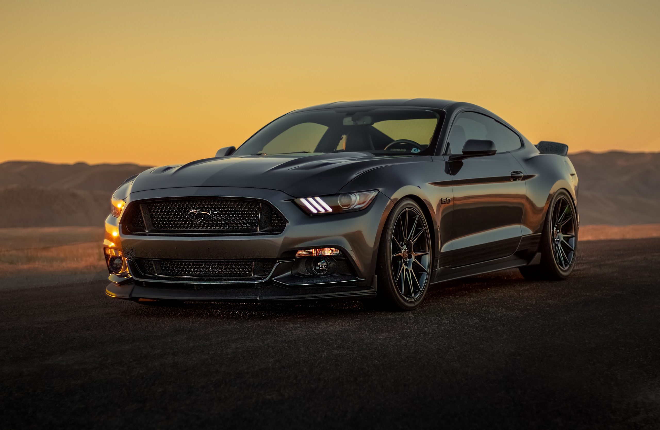 Ford Mustang GT, Custom multispoke alloy wheels, Sunset mountain landscape, HD Desktop wallpaper