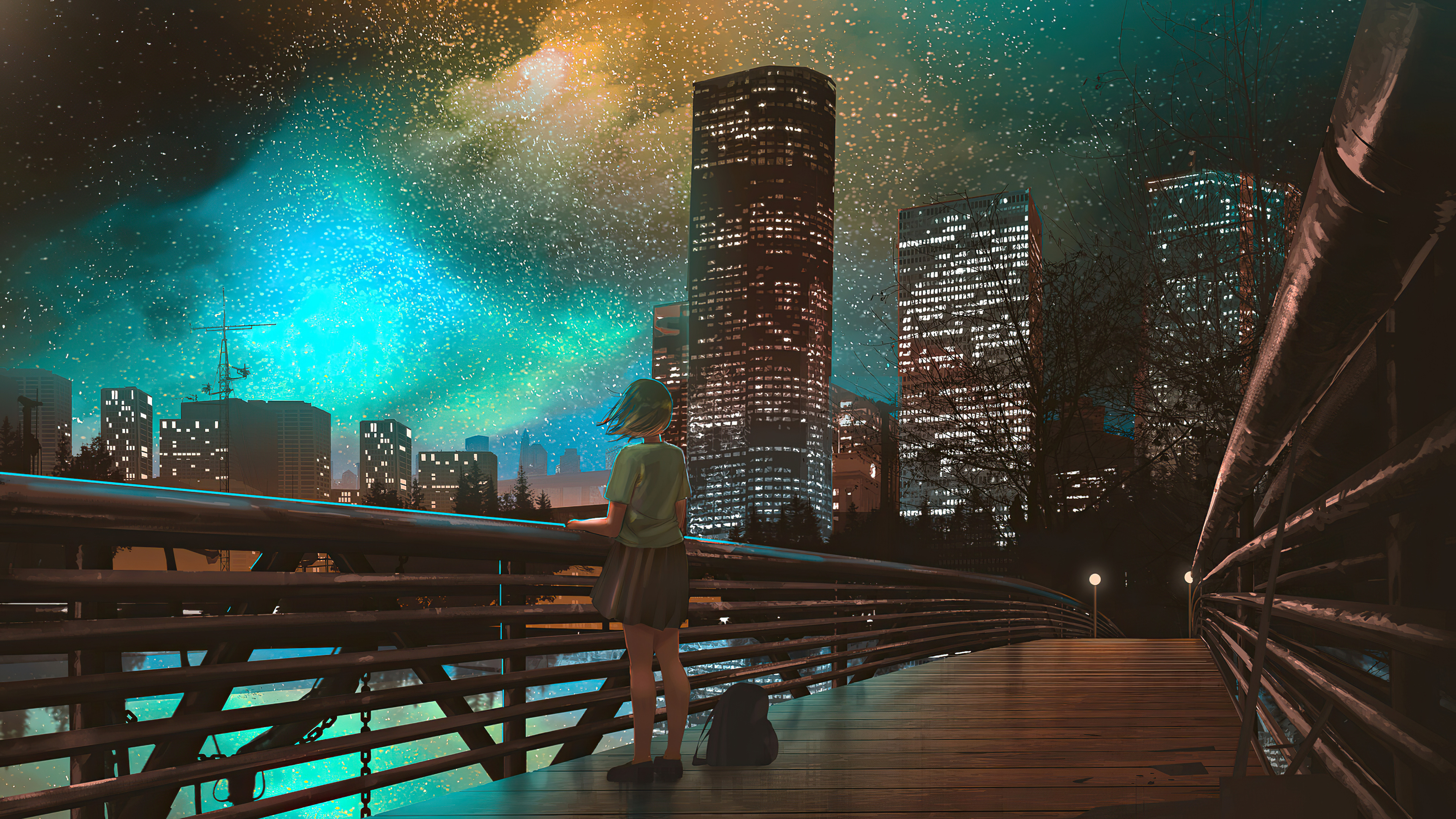 anime girl on bridge, illuminated city skyscrapers, turquoise starry nebula sky, 4K Desktop wallpaper