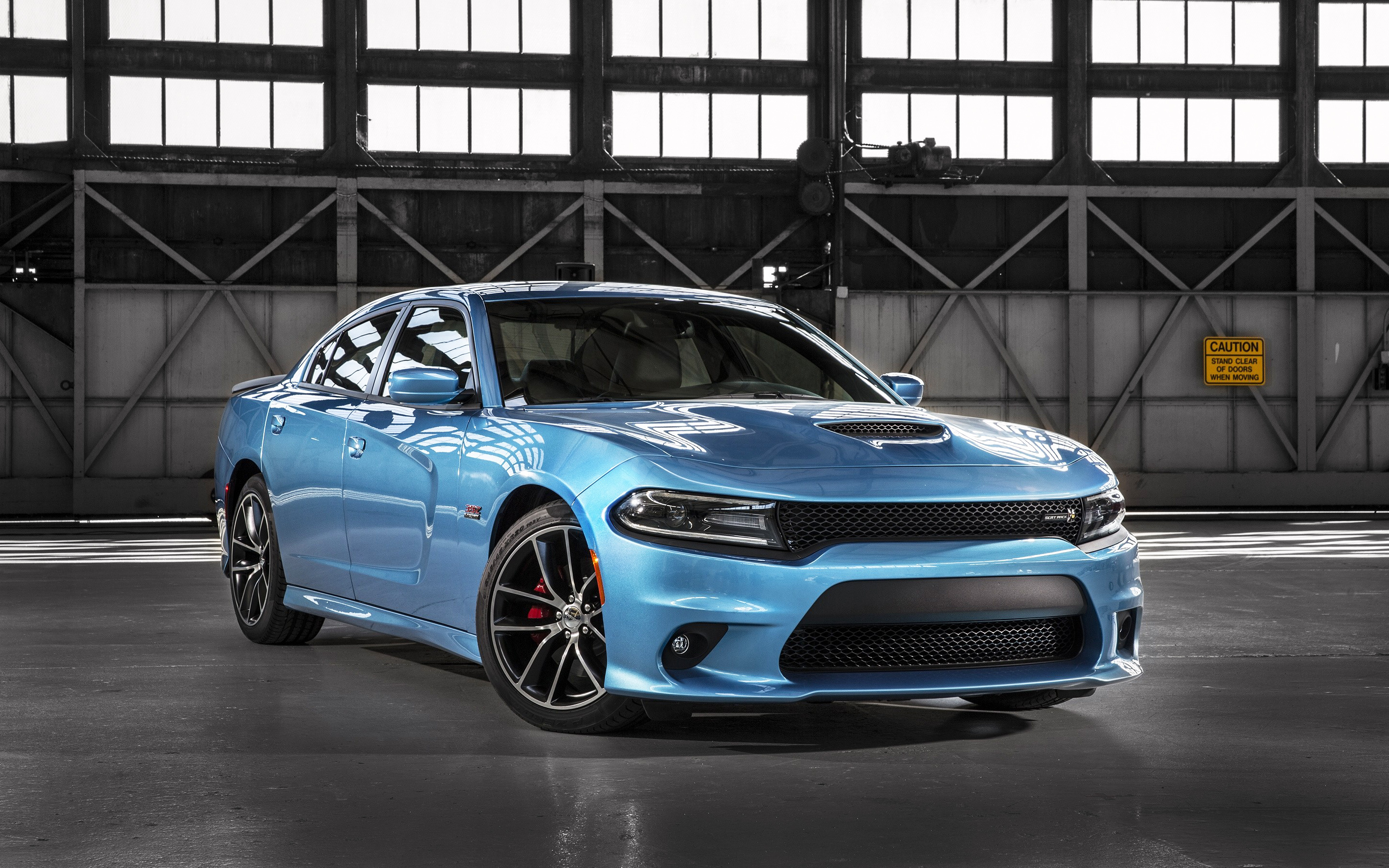 Dodge Charger R/T Scat Pack, airplane hangar interior, CAUTION STAND CLEAR OF DOORS, HD Desktop wallpaper