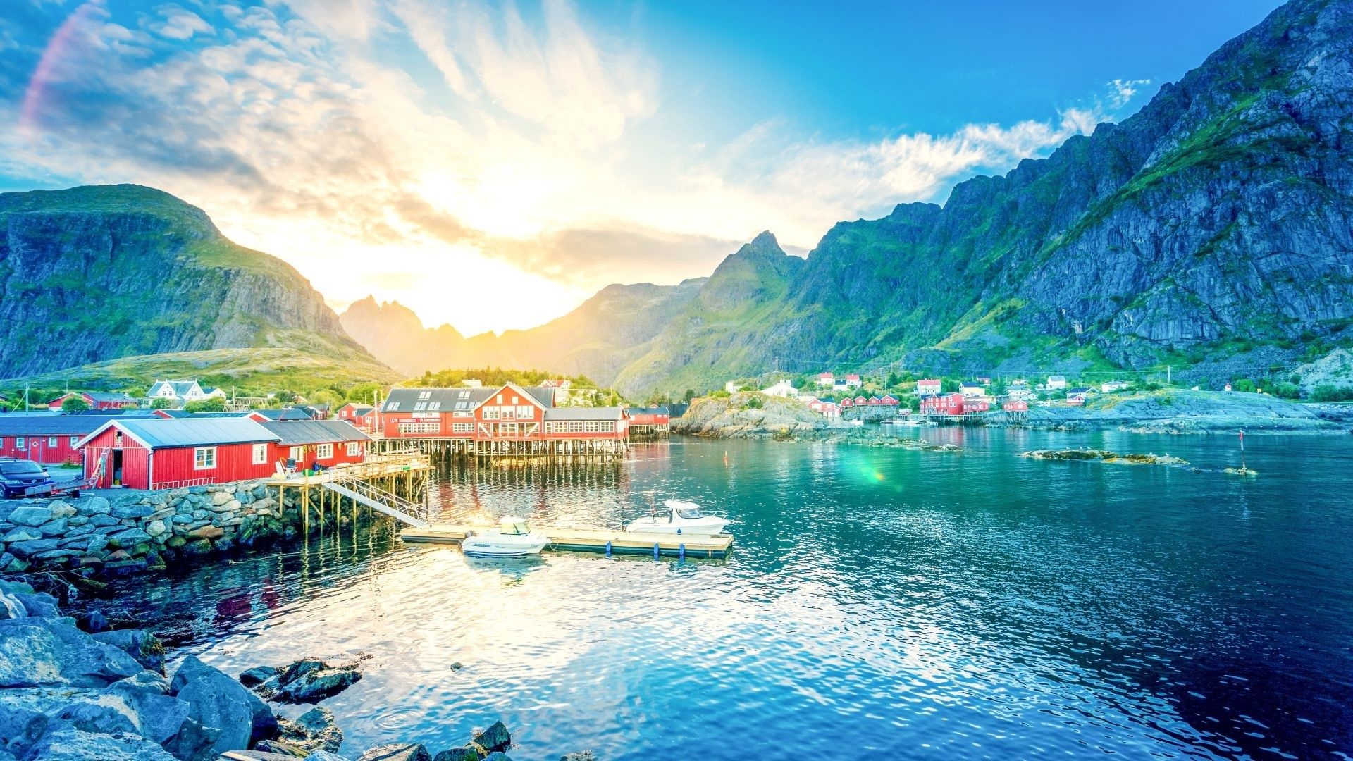 Norwegian Fjords, Lofoten Norway lake, Desktop wallpaper, Serene sunrise, 1920x1080 Full HD Desktop