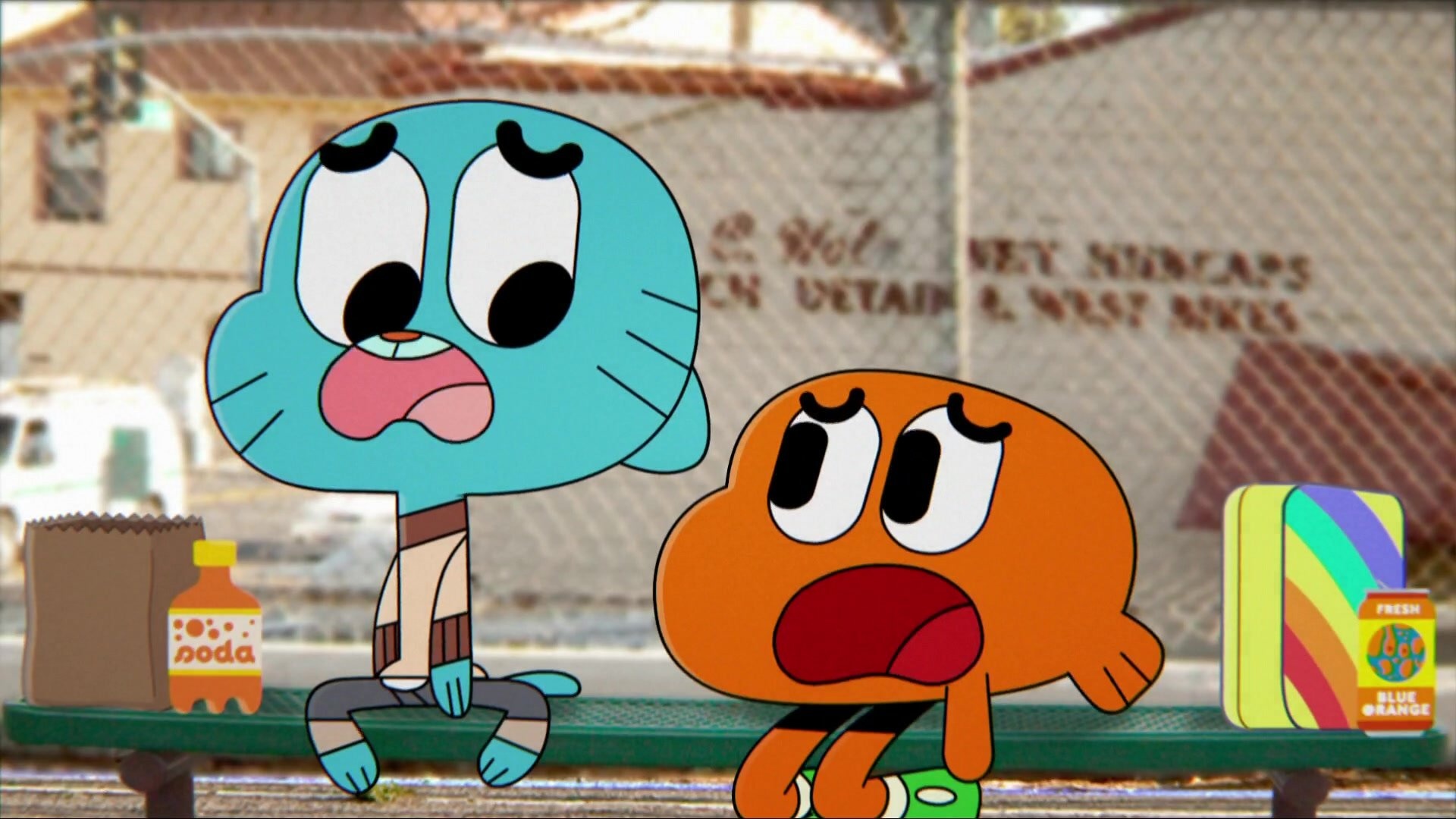 Gumball Watterson, Darwin Watterson, green metal bench, Full HD Desktop wallpaper