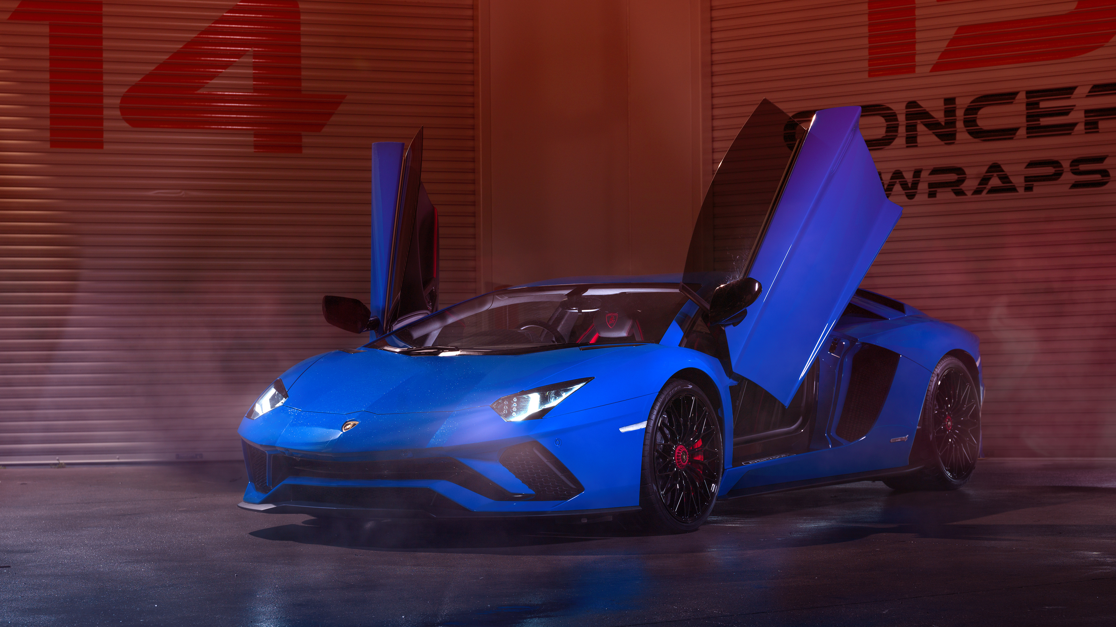 Lamborghini Aventador S, CONCEPT WRAPS signage, open scissor doors, 4K Desktop wallpaper