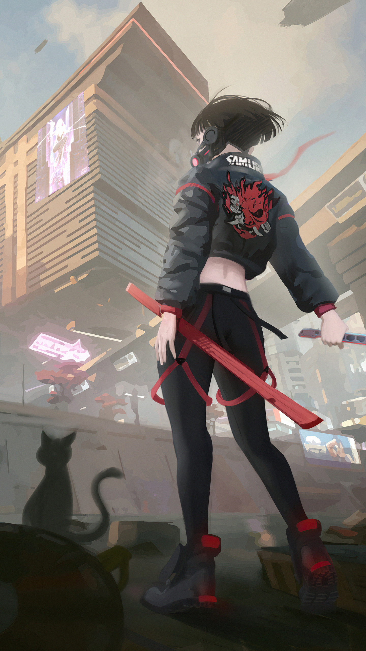 Cyberpunk 2077 Samurai jacket, Cyberpunk female samurai warrior, Futuristic dystopian city skyline, HD Phone wallpaper