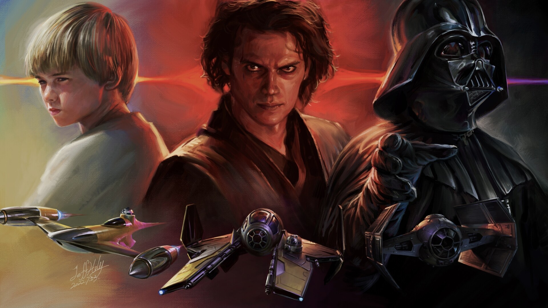 Young Anakin Skywalker, Jedi Knight Anakin Skywalker, Darth Vader, Eta-2 Actis-class Interceptor, TIE Advanced x1, Full HD Desktop wallpaper