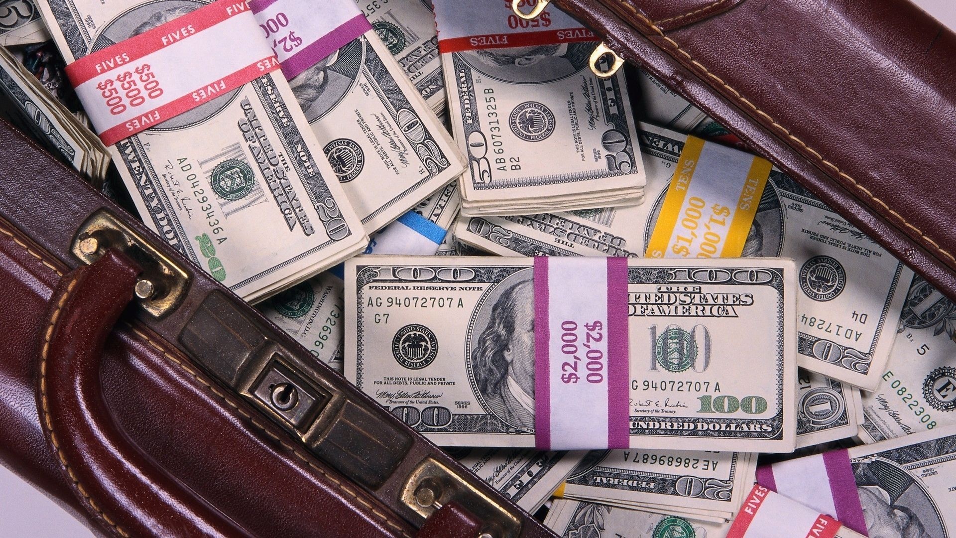 Strapped US dollar stacks, Brown leather briefcase, Benjamin Franklin hundred bill, Full HD Desktop wallpaper