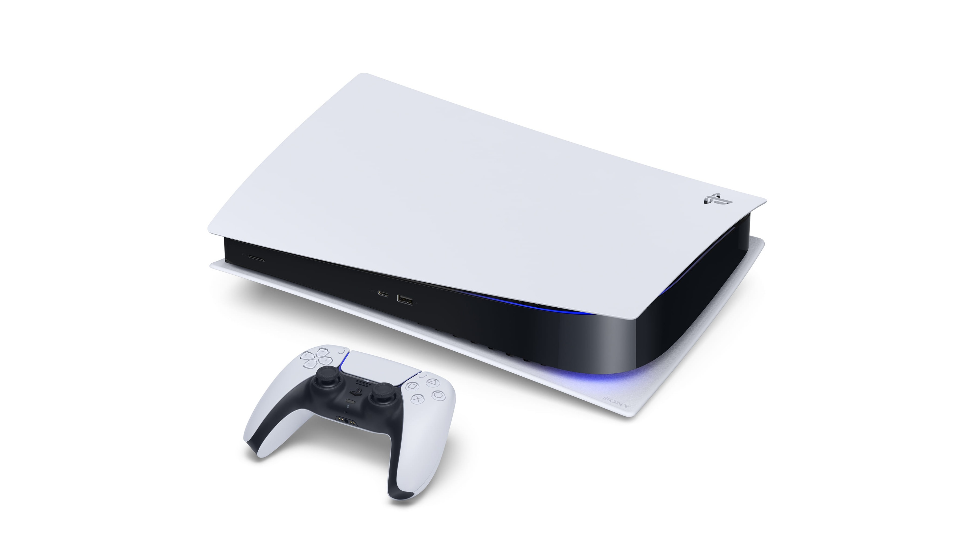 Horizontal PlayStation 5 console, DualSense wireless controller, White product backdrop, 4K Desktop wallpaper