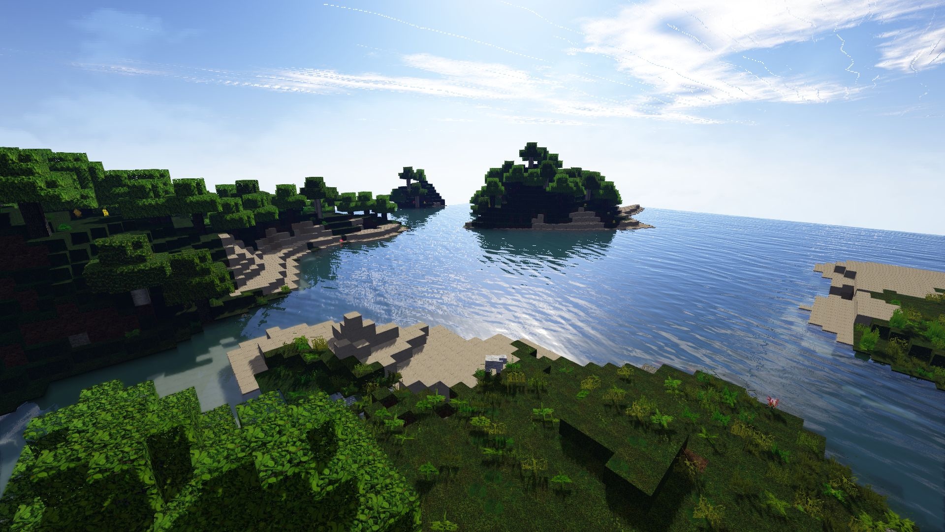 Minecraft shader landscape, voxel coastal island, realistic water reflections, Full HD Desktop wallpaper