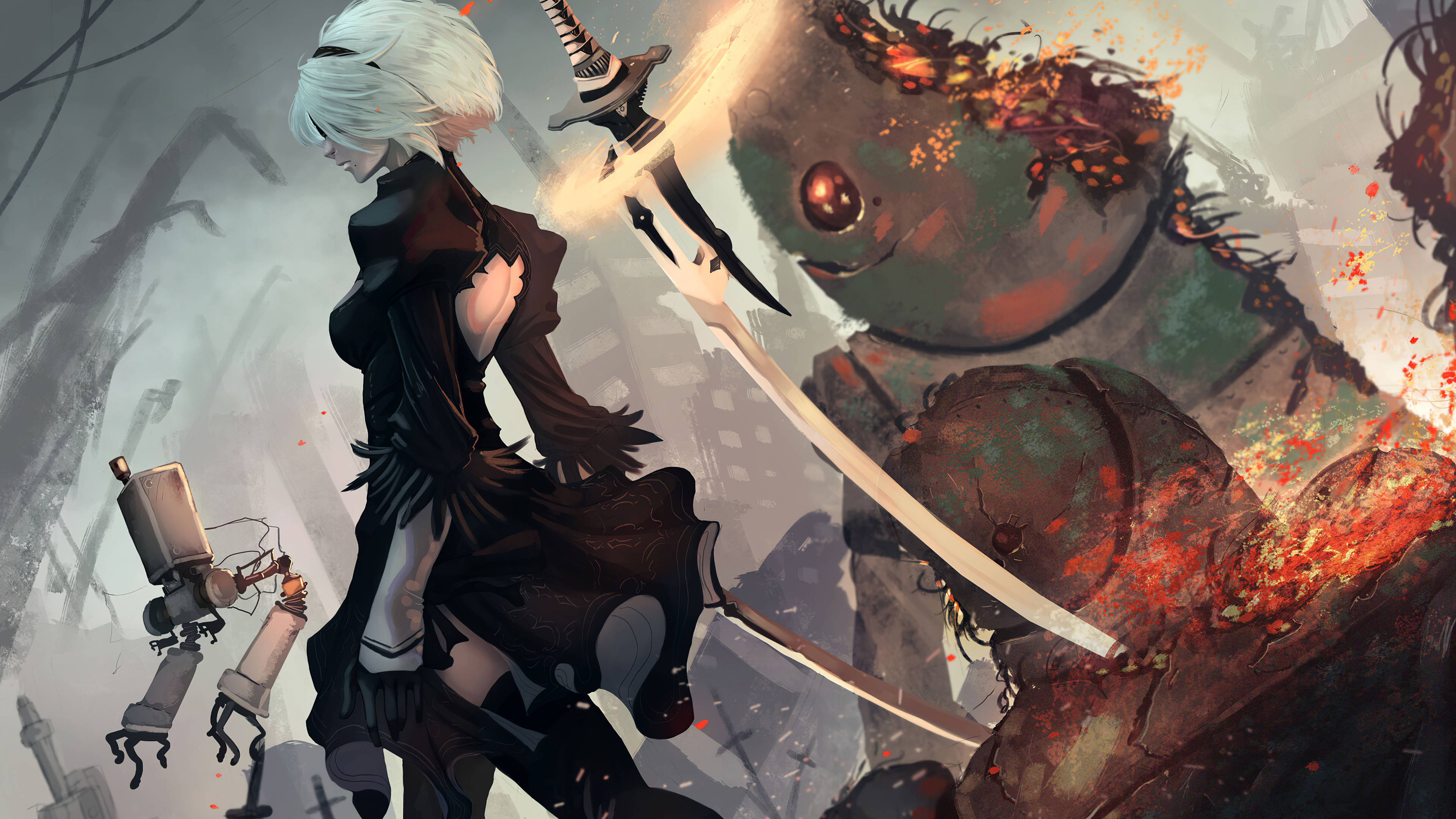2B NieR:Automata, Pod 042, Machine Lifeforms, Virtuous Contract katana, 4K Desktop wallpaper