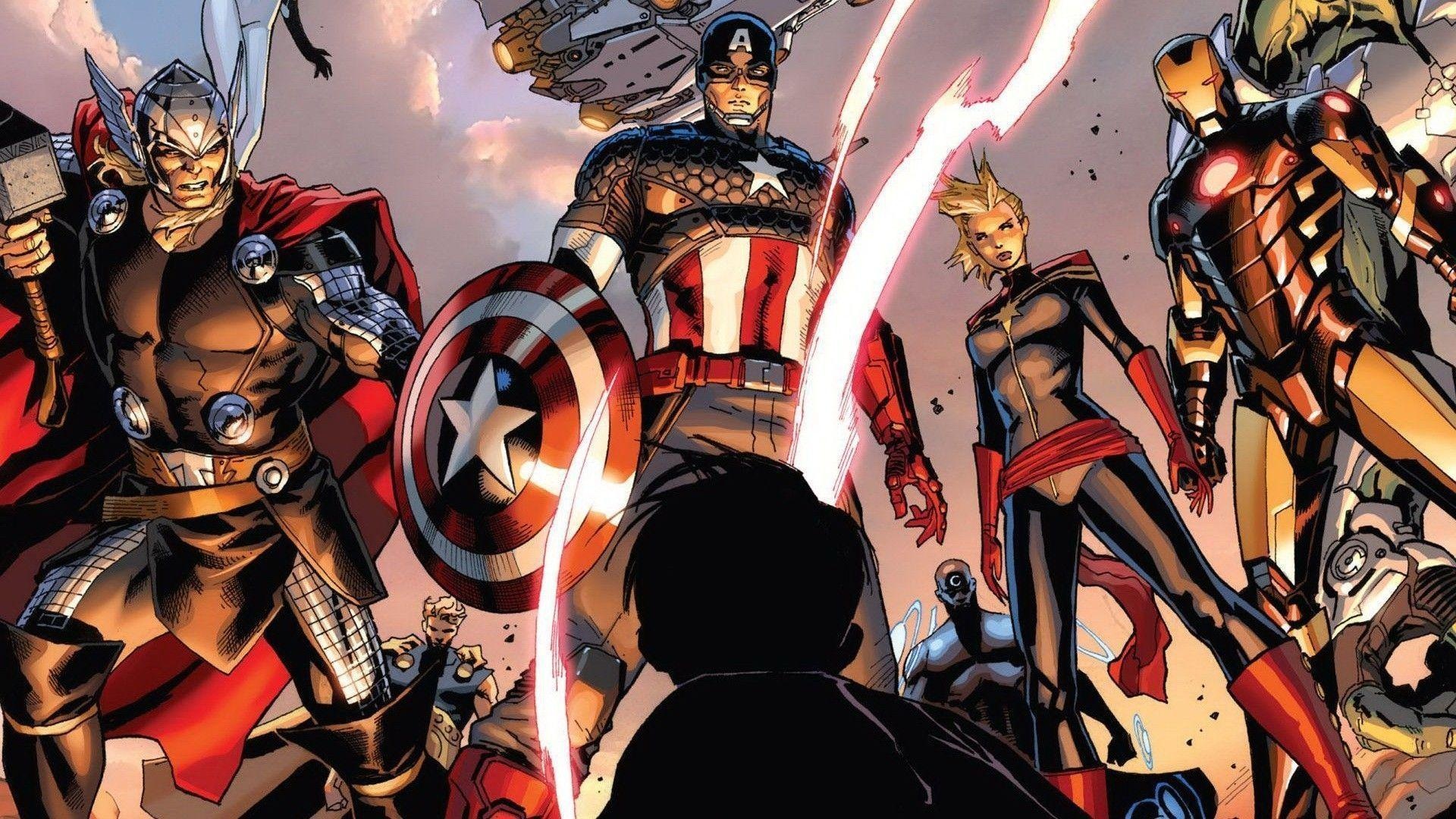 Captain America, Thor, Captain Marvel, Iron Man, Mjolnir hammer, Full HD Desktop wallpaper