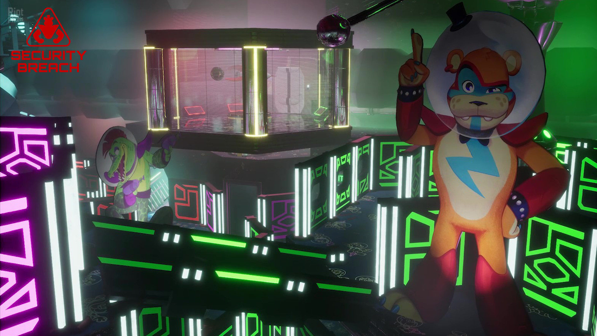 Glamrock Freddy cutout, Fazer Blast arena, Montgomery Gator cutout, Neon maze barriers, Full HD Desktop wallpaper
