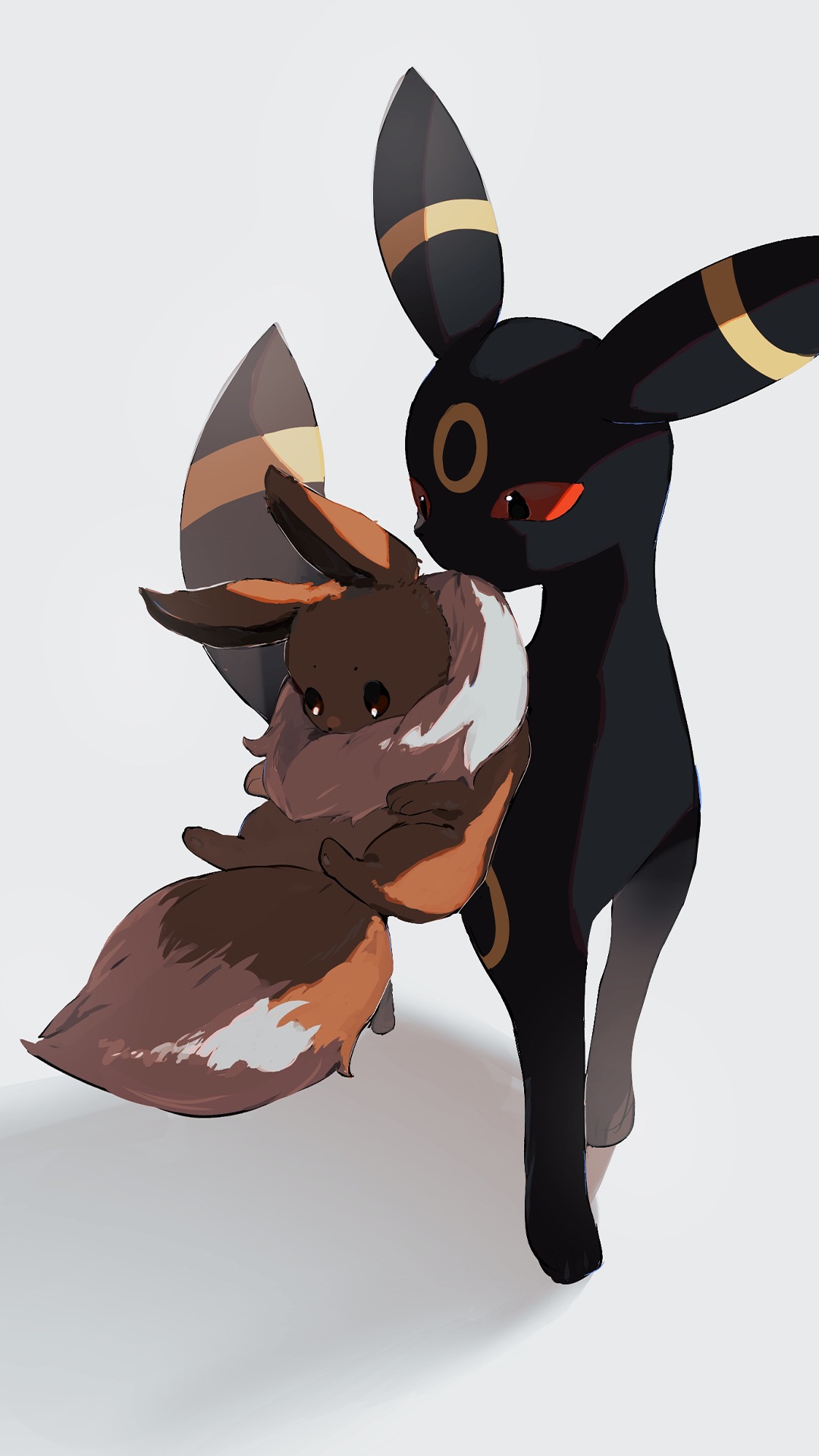 Umbreon carrying Eevee, Soft grey backdrop, Full HD Phone wallpaper