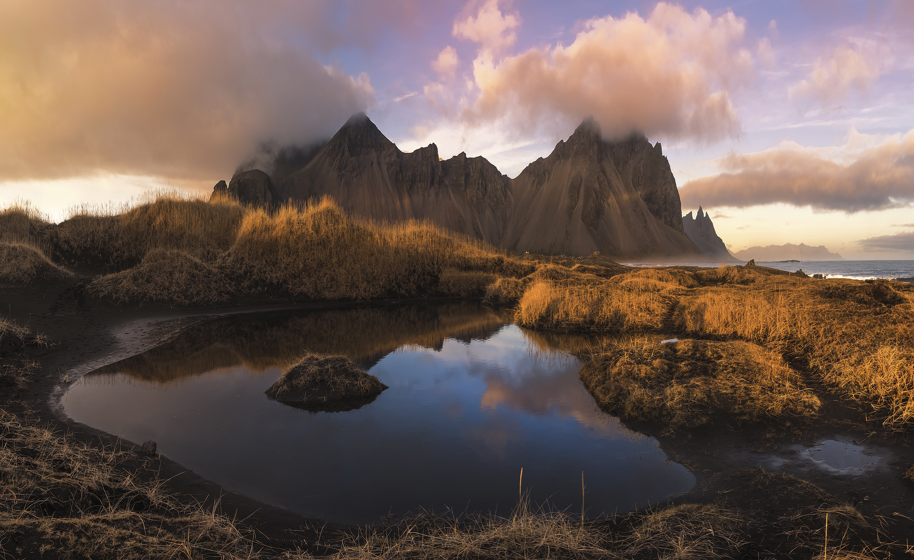 Vestrahorn, Sunlight, Landscape, Reflection, 3000x1840 HD Desktop