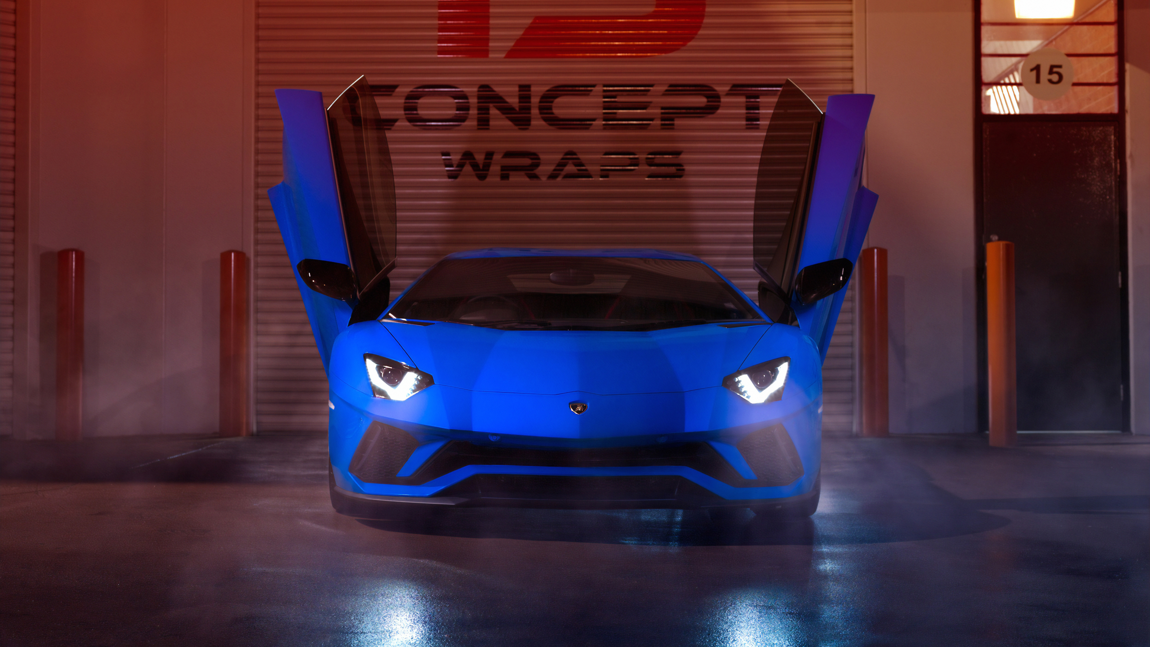 Lamborghini Aventador S, Concept Wraps sign, open scissor doors, 4K Desktop wallpaper