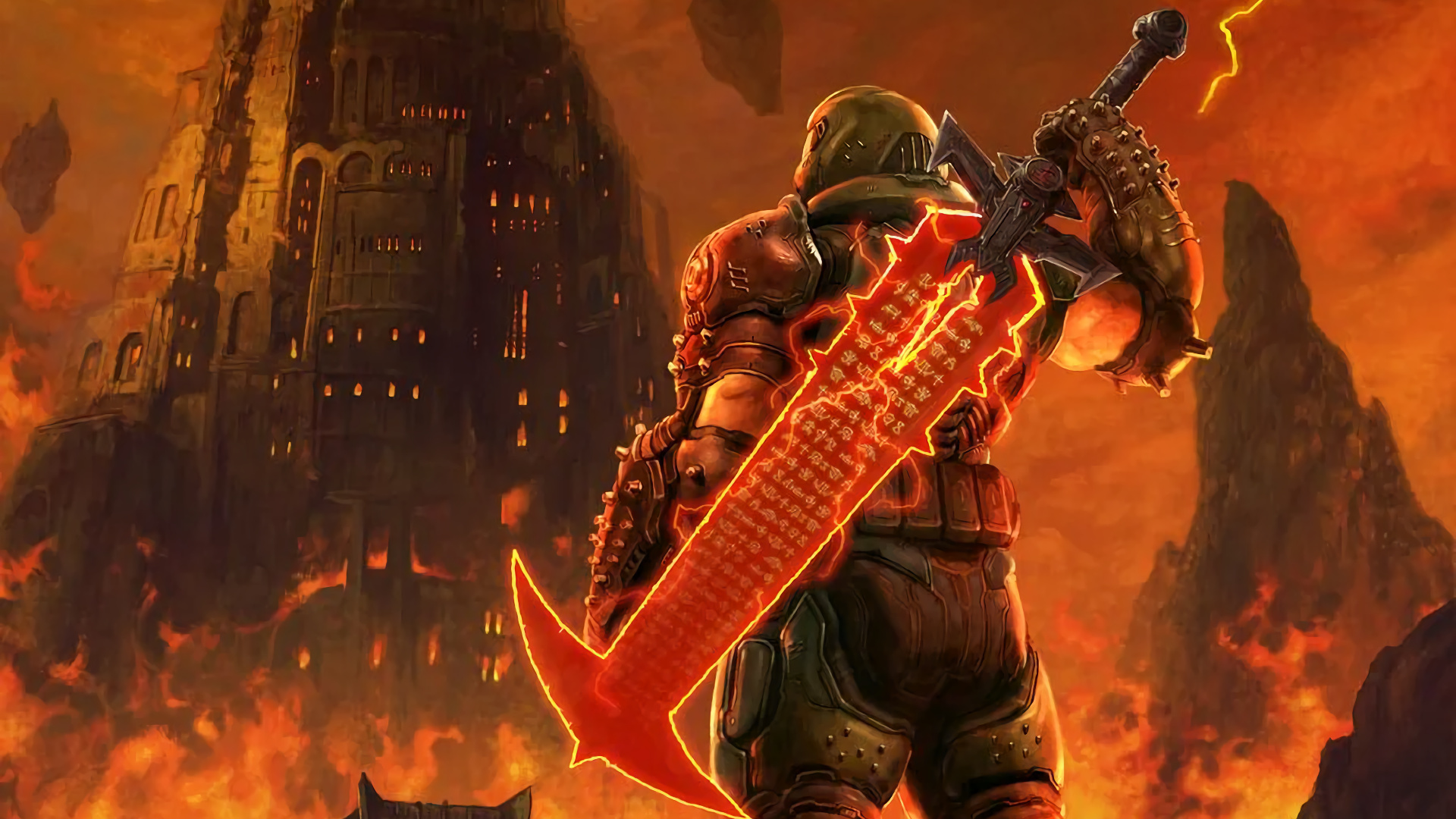 Doom Slayer, Glowing Crucible sword, Apocalyptic Hell citadel, Full HD Desktop wallpaper