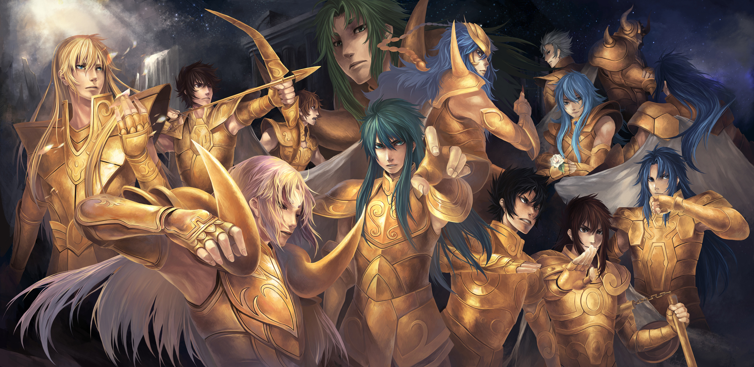 12 Gold Saints, Saint Seiya, Virgo Shaka, Aries Mu, Pisces Aphrodite, Dual Screen Desktop wallpaper