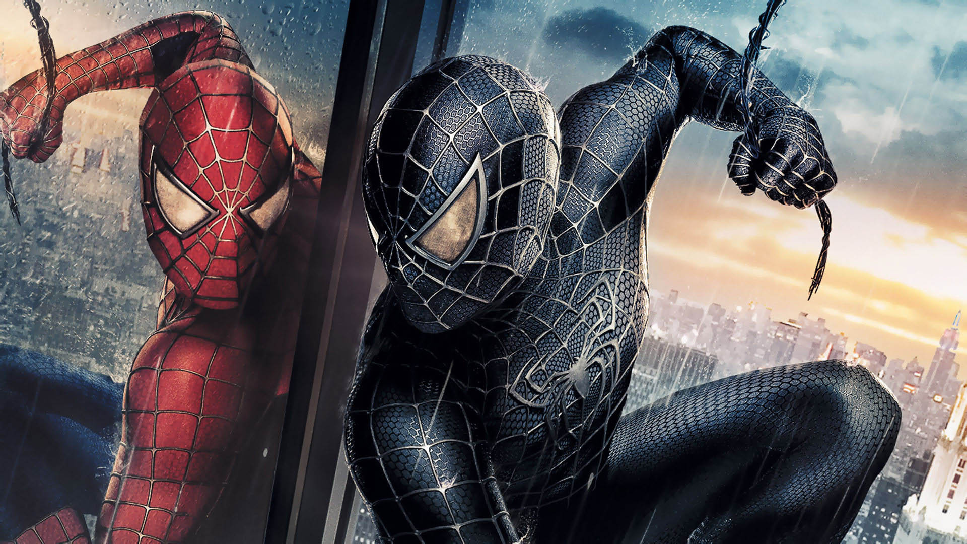 Symbiote suit Spider-Man, Classic Spider-Man suit reflection, New York City skyline, Full HD Desktop wallpaper