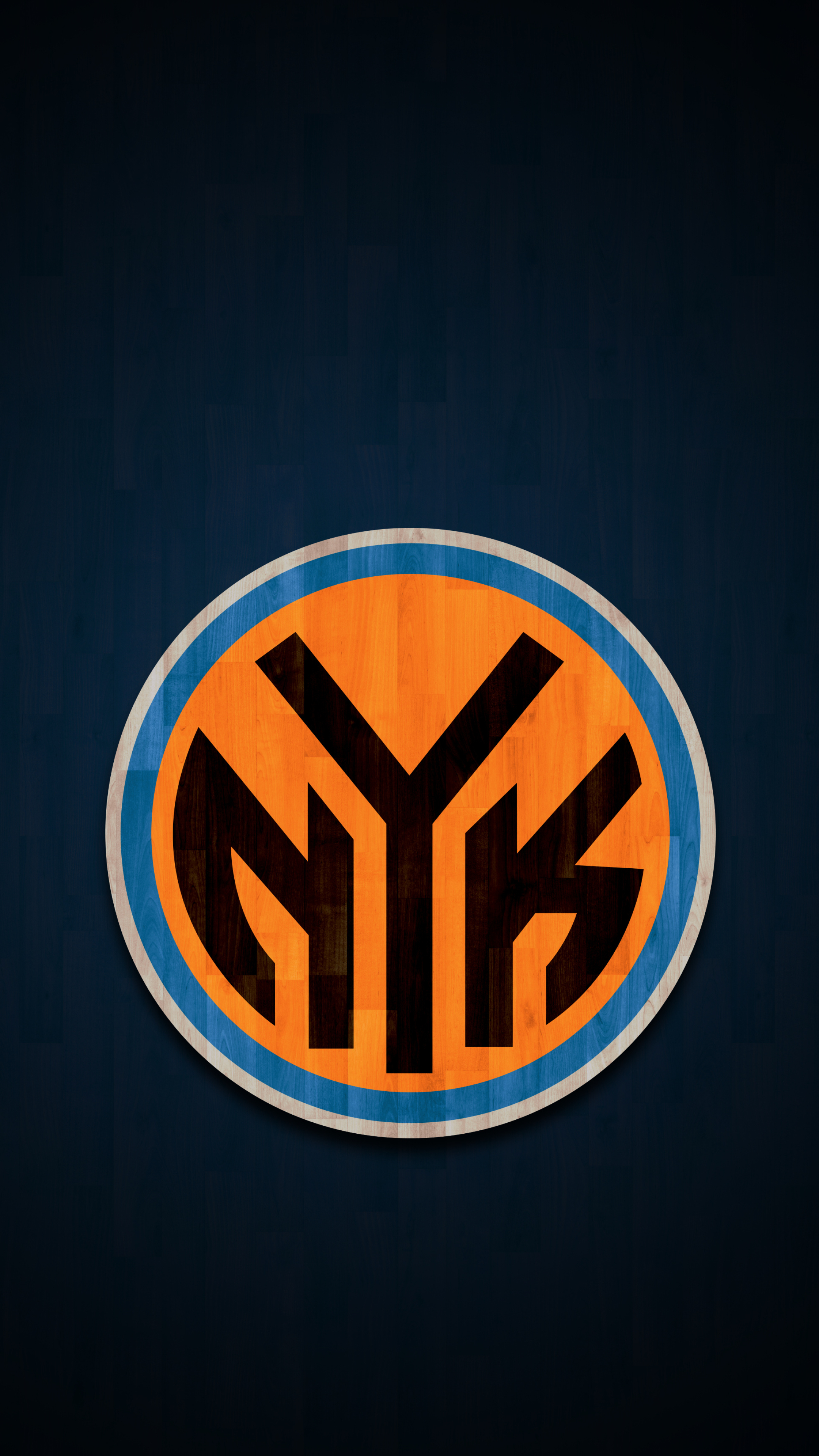 New York Knicks NYK roundel, Orange blue monogram emblem, Dark blue hardwood backdrop, 4K Phone wallpaper