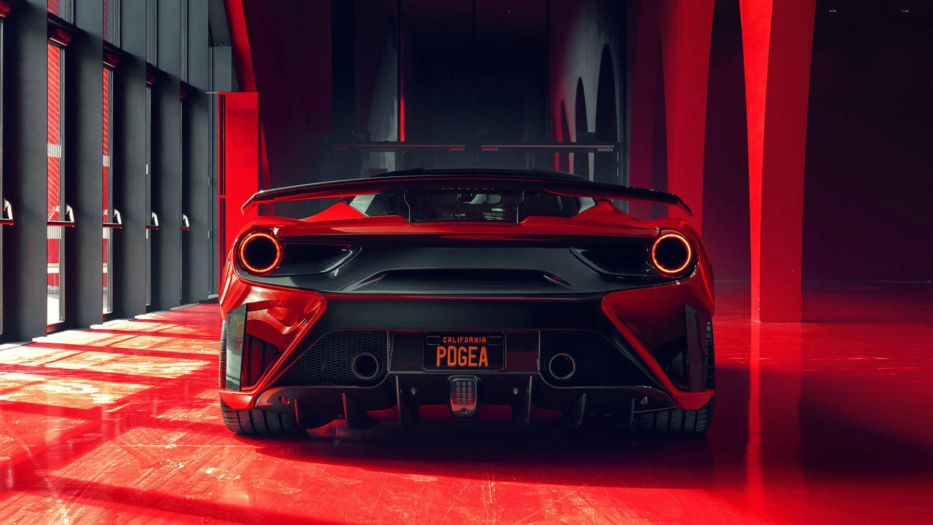 Pogea Racing Ferrari 488, California POGEA license plate, red glossy showroom floor, Full HD Desktop wallpaper