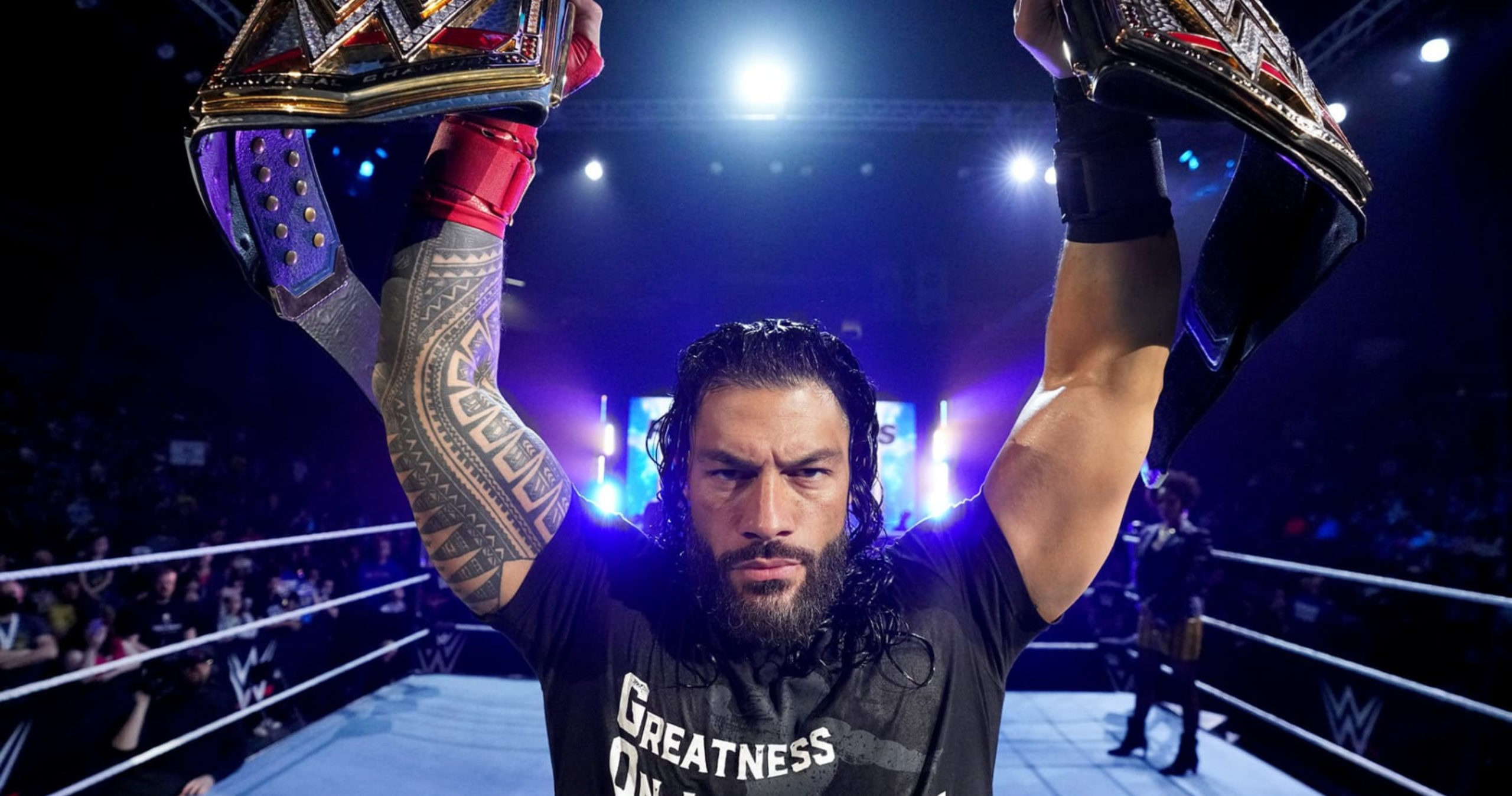 Roman Reigns, WWE Championship belts, WWE wrestling ring, HD Desktop wallpaper