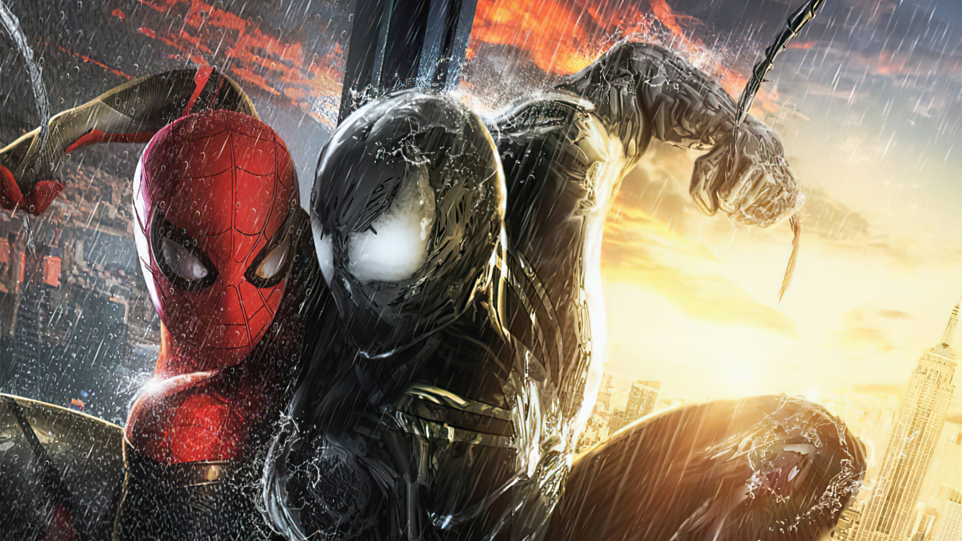 Symbiote Spider-Man, Spider-Man, Rainy New York City skyline, HD Desktop wallpaper