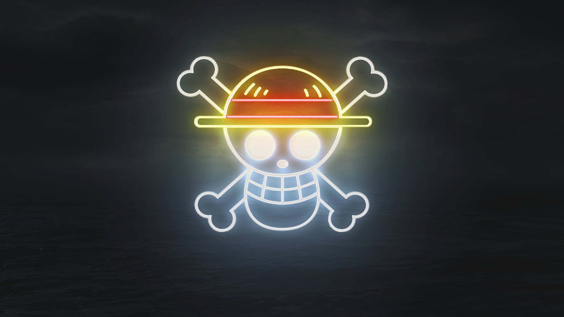 Straw Hat Jolly Roger, neon skull and crossbones, One Piece, Full HD Desktop wallpaper